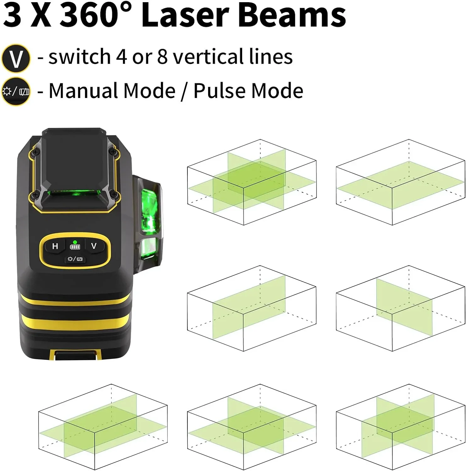 Laser Level, IKOVWUK 3x360�� Cross Line Laser for Construction and Picture Hanging, 12 Green Lasers with Self-leveling, 65 ft Vertical & Horizontal Line, Level Tool with 5200 mAh Rechargeable Battery
