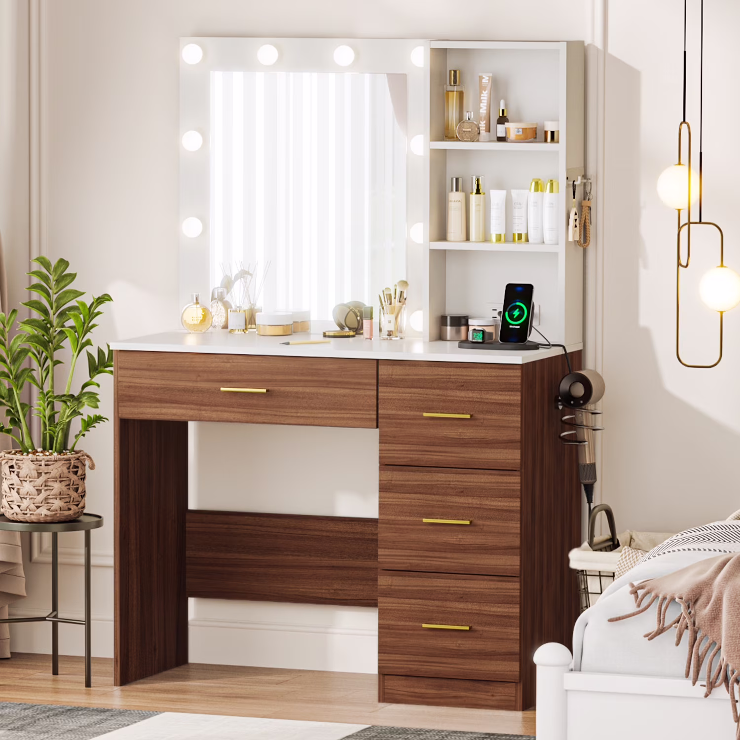 Makeup Vanity Desk with 3 Color Light Mirror, Vanity Table with 4 Drawers, Storage Shelf, Power Outlet, Adjustable Brightness Dressing Table, White(White 2) - Image 3