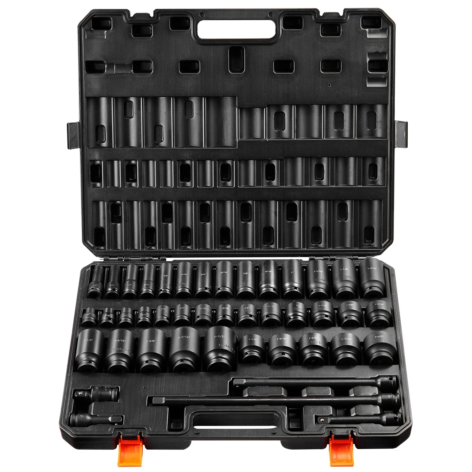 SKYSHALO 43-Pc Impact Socket Set, 1/2 Drive, SAE 3/8-1-1/2, Deep & Shallow, 6-Point, Cr-Mo Steel, for Automotive Repair, Clear Size Labels, Durable, Includes Case