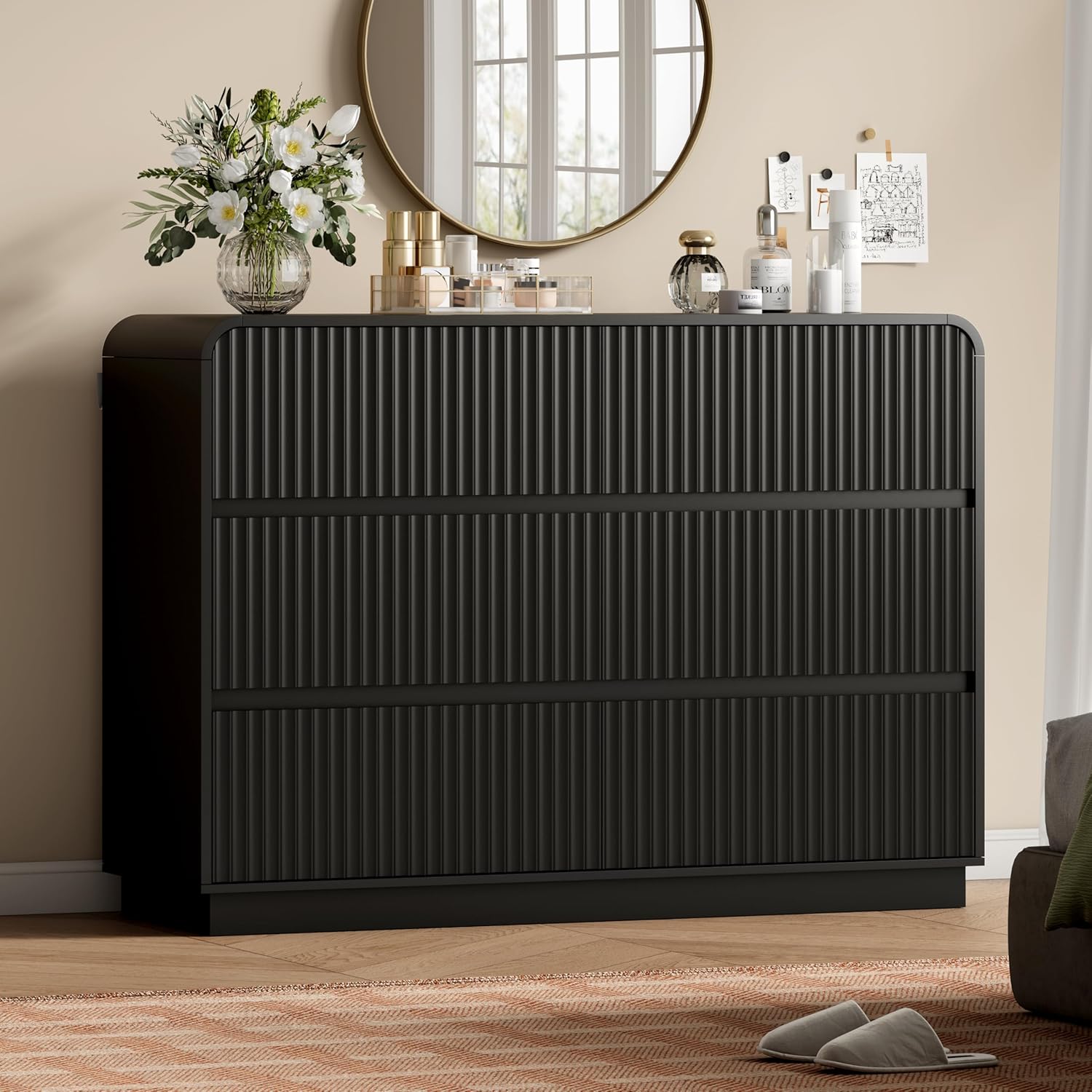 Black Dresser Fluted 6 Drawers Dresser for Bedroom, 47