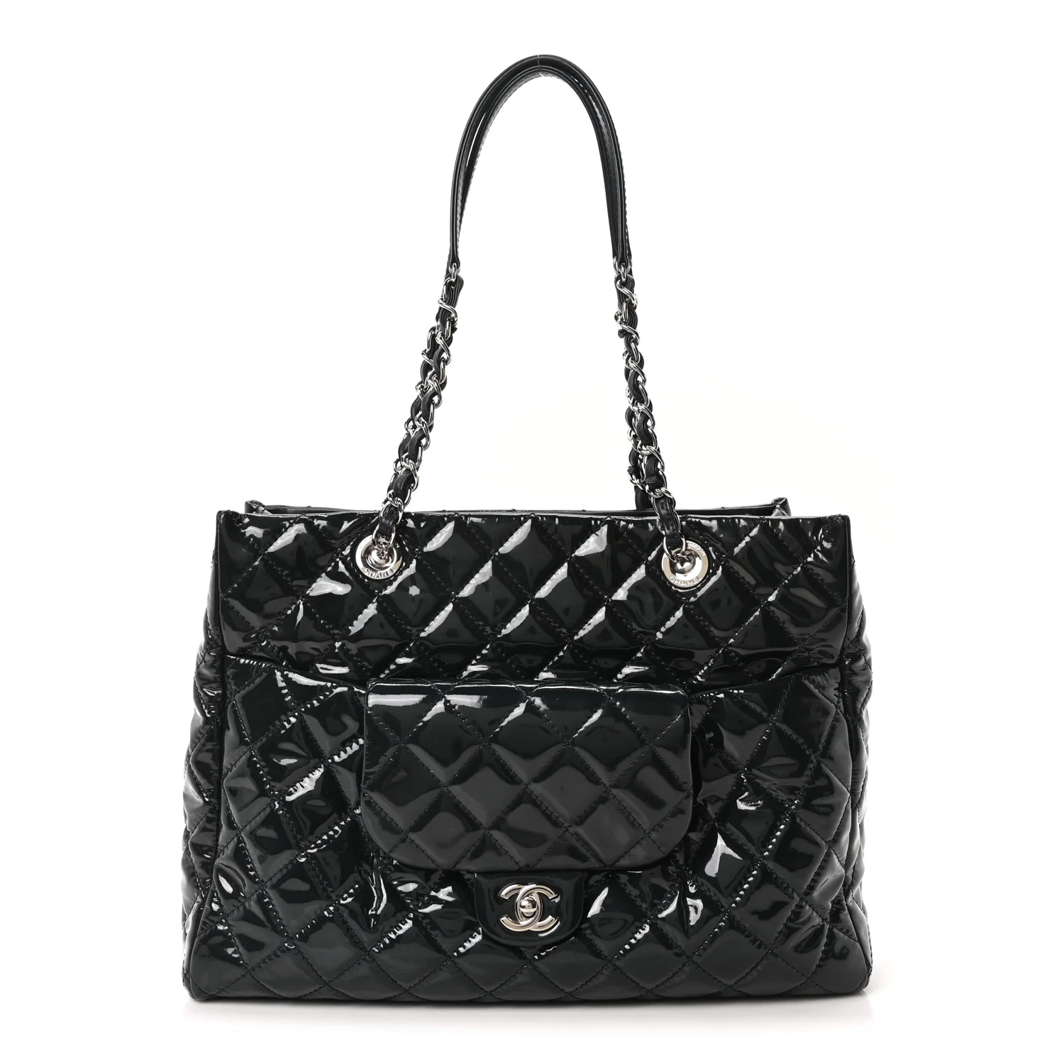 Patent Quilted Large Coco Shine Shopping Tote Navy