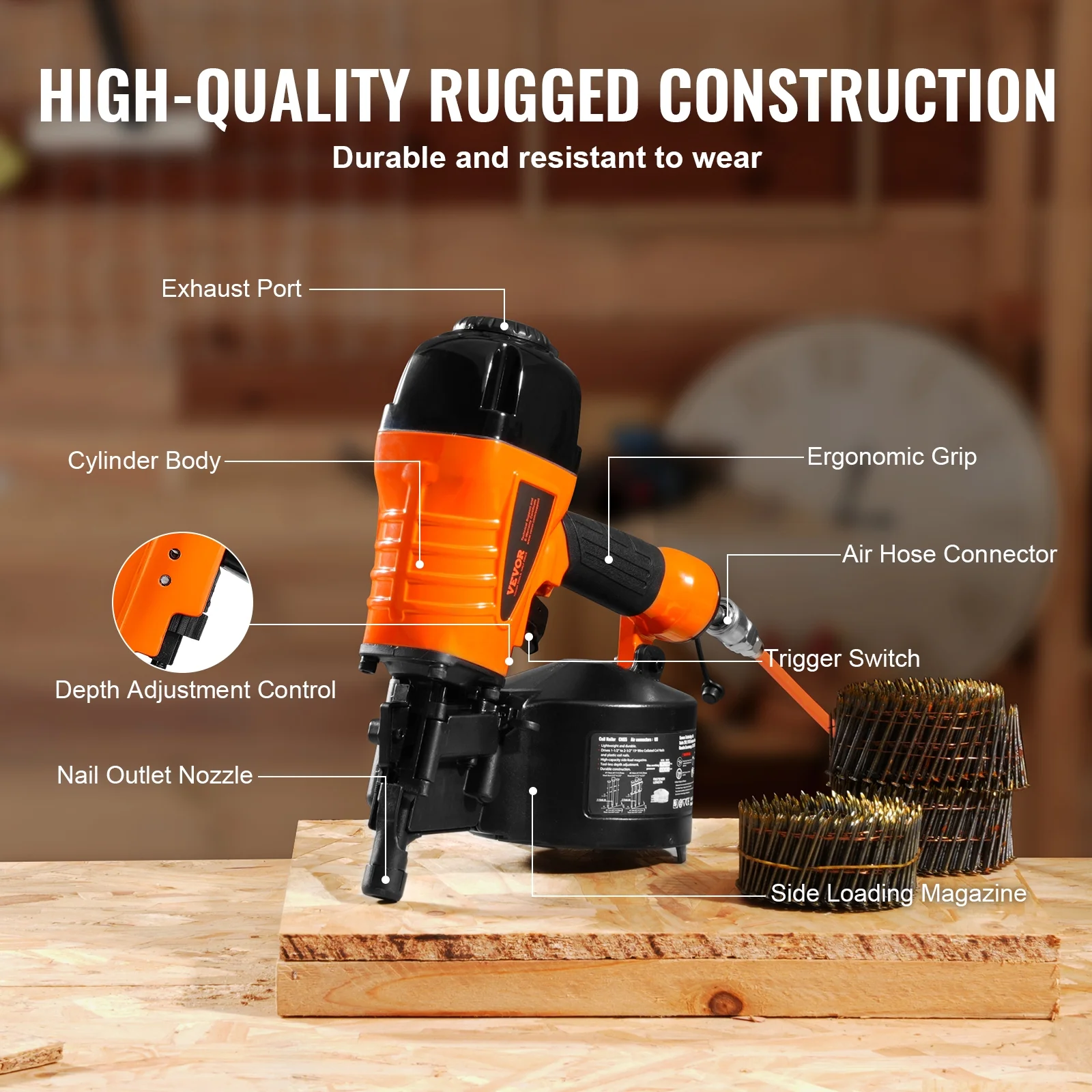 Coil Siding Nailer CN65, 1-1/4" to 2-1/2" 15 Degree Pneumatic Siding Nail Gun with Tool-Less Depth Adjustment, 70-120PSI Air Coil Nailer for Siding, Pallet Sheathing, Wooding, Fencing - Image 5