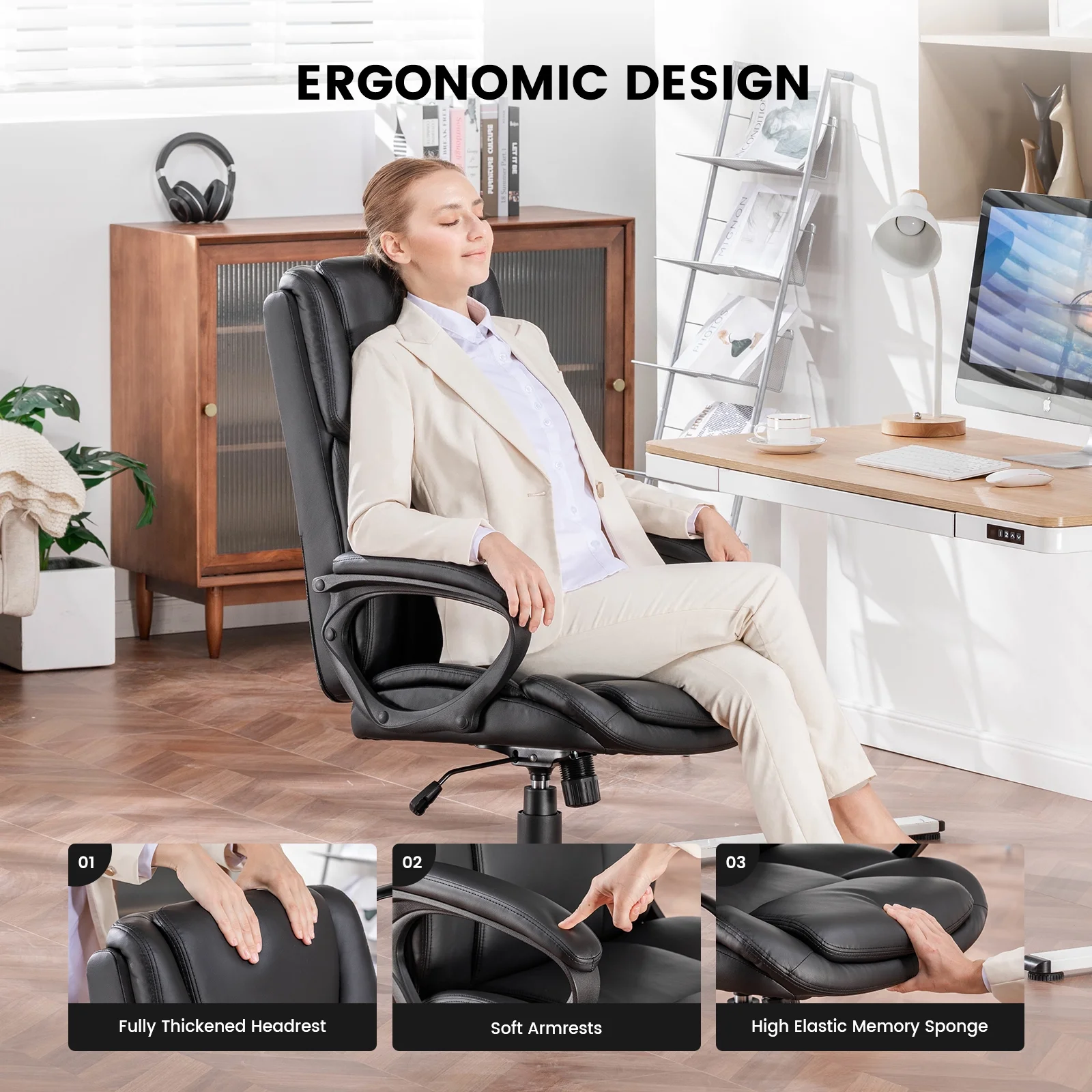 Executive Ergonomic High Back Leather Home Office Desk Chair, Black(Black) - Image 9
