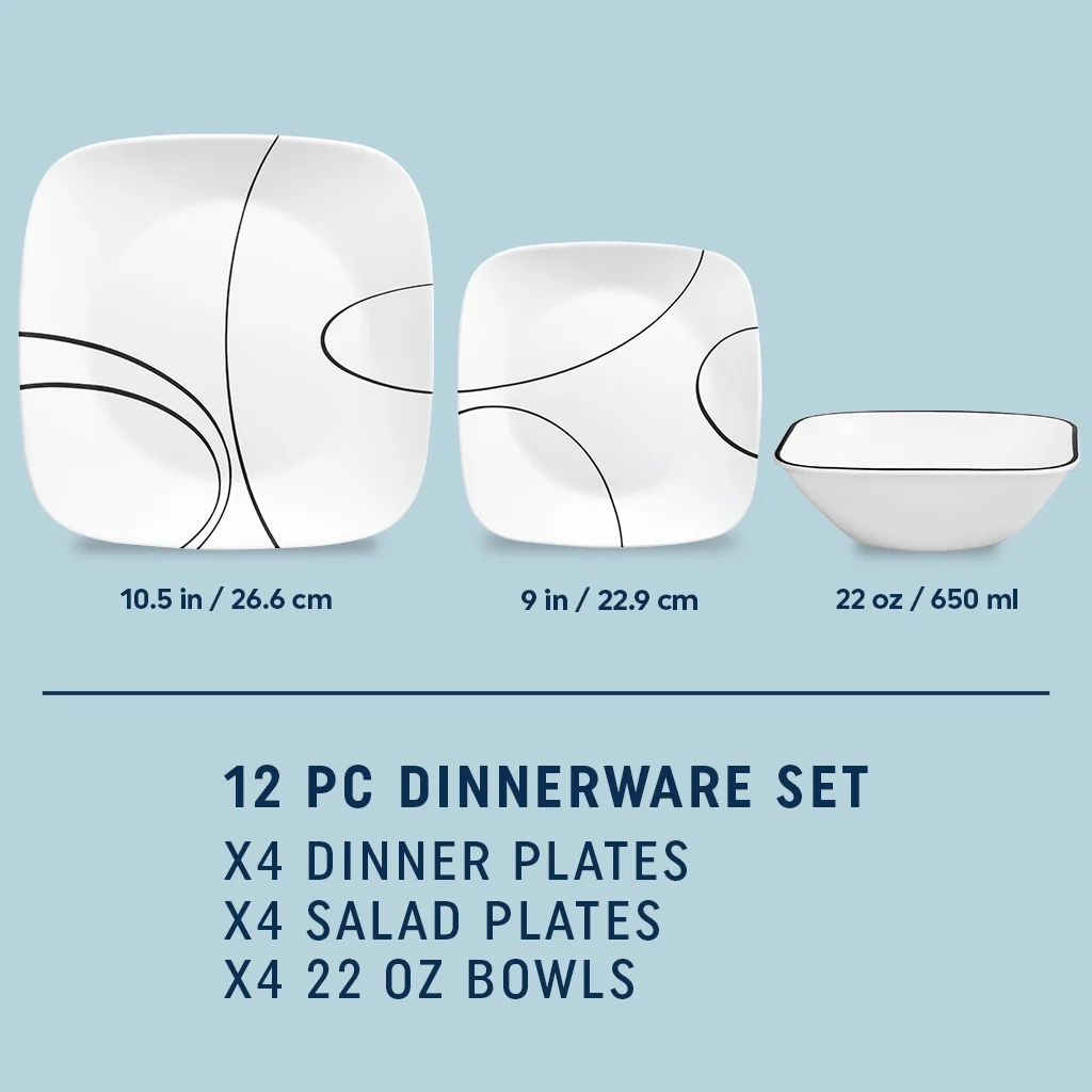 Simple Lines 12 Piece Square Glass Dinnerware Set (Service for 4) Image 5