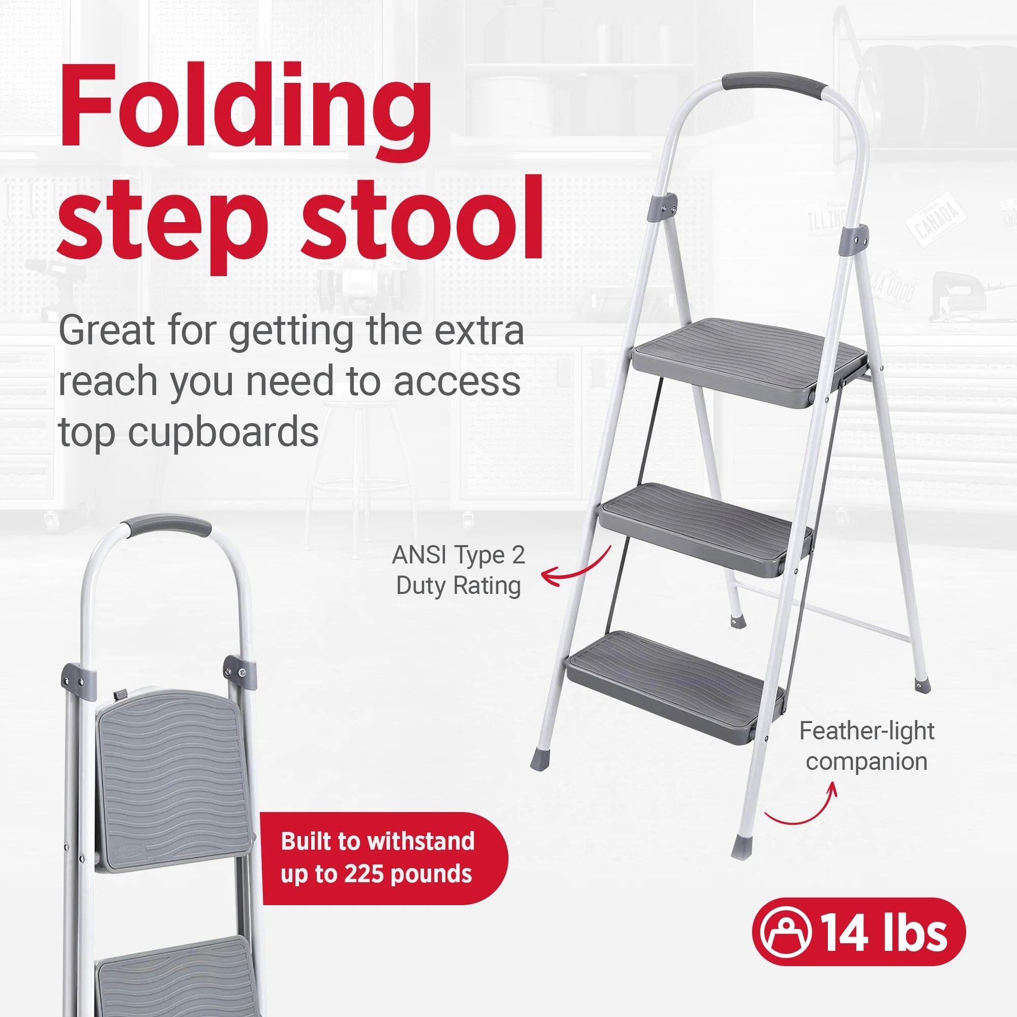 Rubbermaid 3 Step Folding Ladder, Steel Foldable Step Stool, White