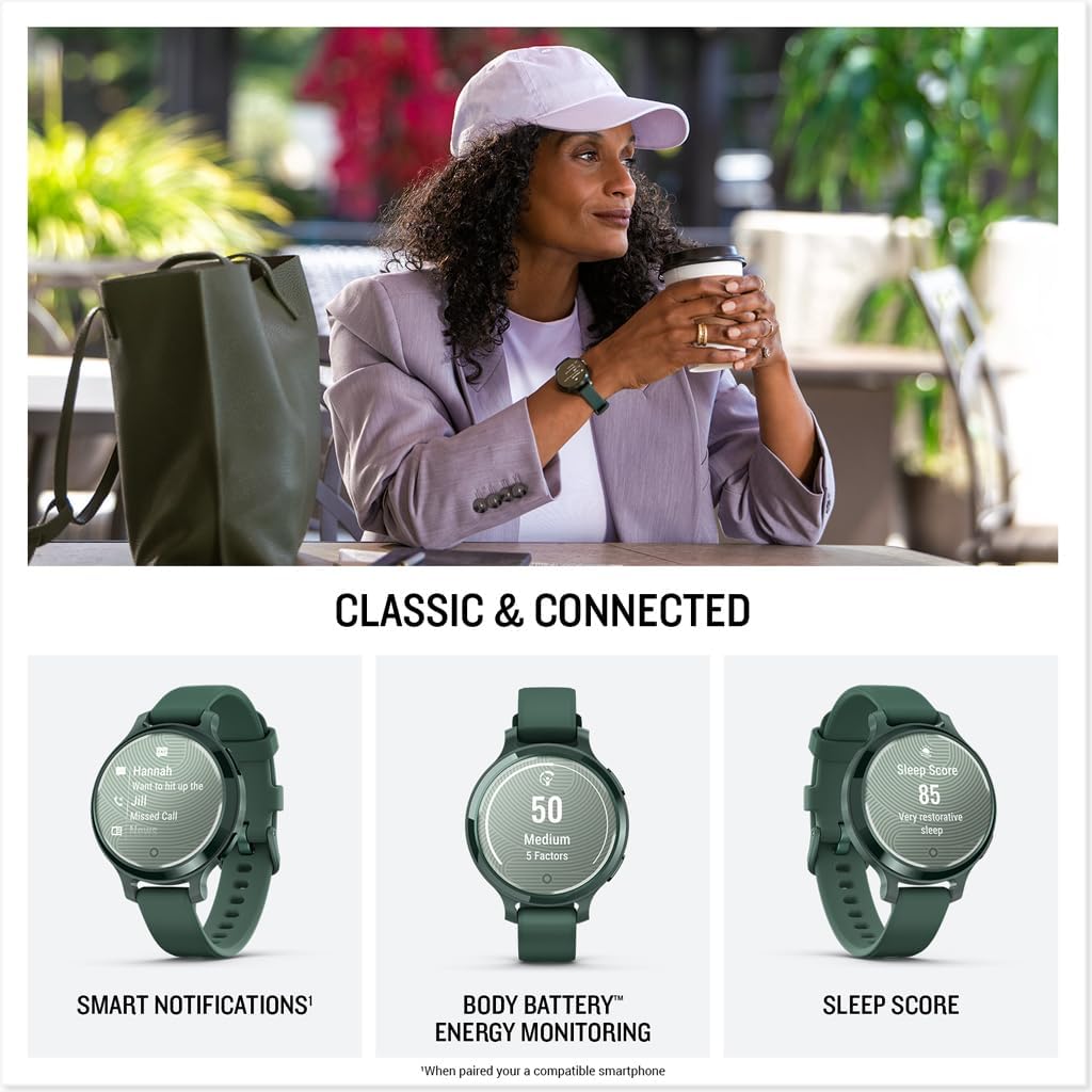 Garmin Lily® 2 Active  Small and Stylish Smartwatch  Built-in GPS  Hidden Display  Patterned Lens  Up to 9 Days Battery Life  Jasper Green with Jasper Green Silicone Band