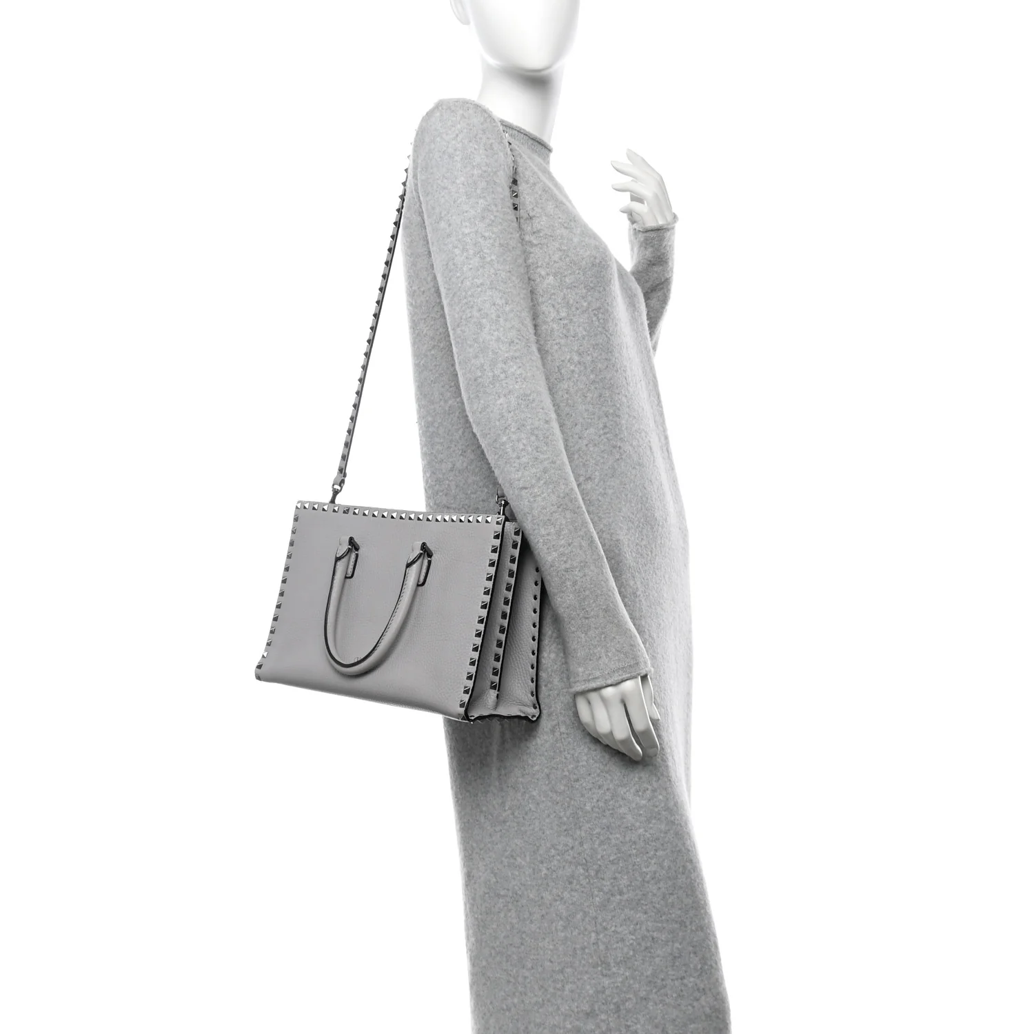 Grained Calfskin Medium Rockstud Double Handle Horizontal Tote Pastel Grey