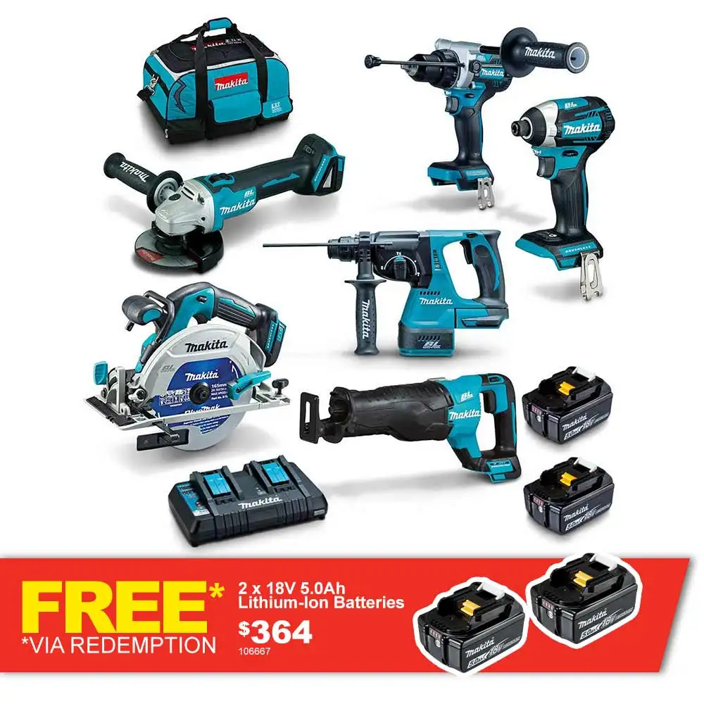MAKITA KIT COMBO 18V SANS BALAIS 6 PIÈCES 2 X 5,0AH DLX6109TX1