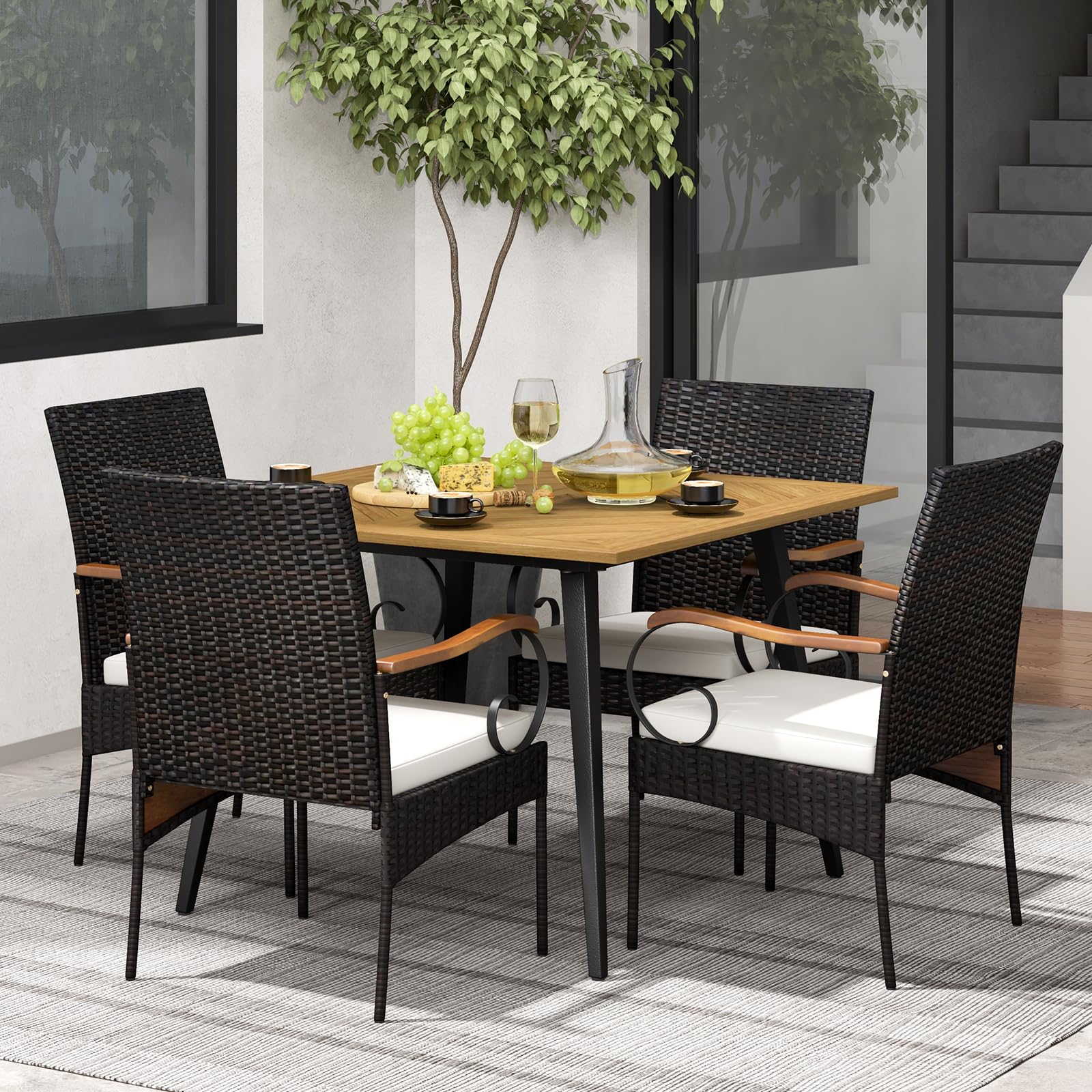 Tangkula 5 Pieces Patio PE Wicker Dining Set, 42.5” Square Acacia Wood Dining Table and Chairs with Cushions