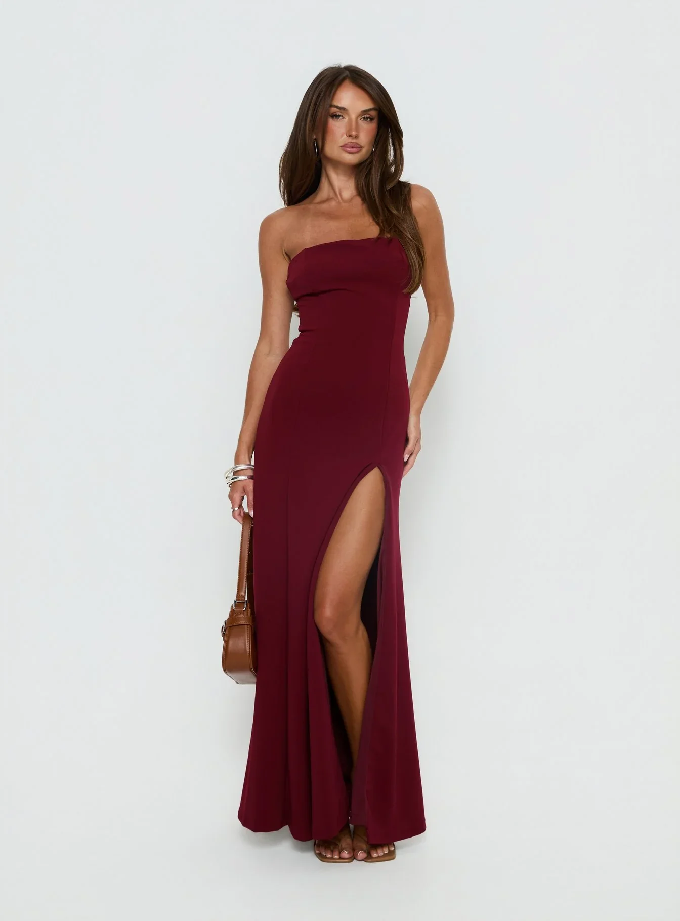Diamanti Strapless High Slit Maxi Dress Burgundy