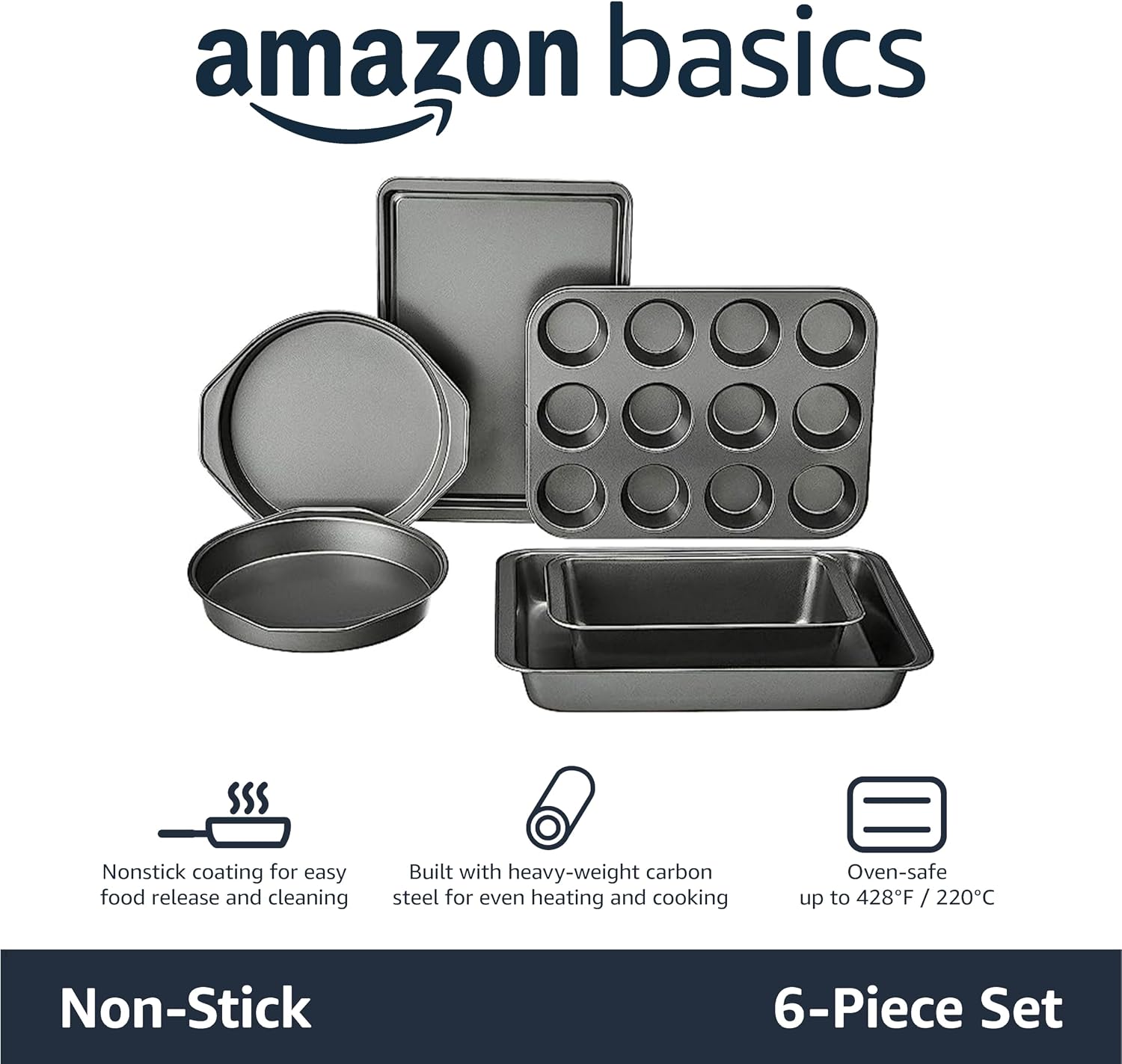 Amazon Basics 6 Piece Nonstick Carbon Steel Bakeware Set with Cake, Muffin, Cookie, and Loaf Pans, Easy Release, Oven Safe, 16.25 x 11.75 x 6.25 inches