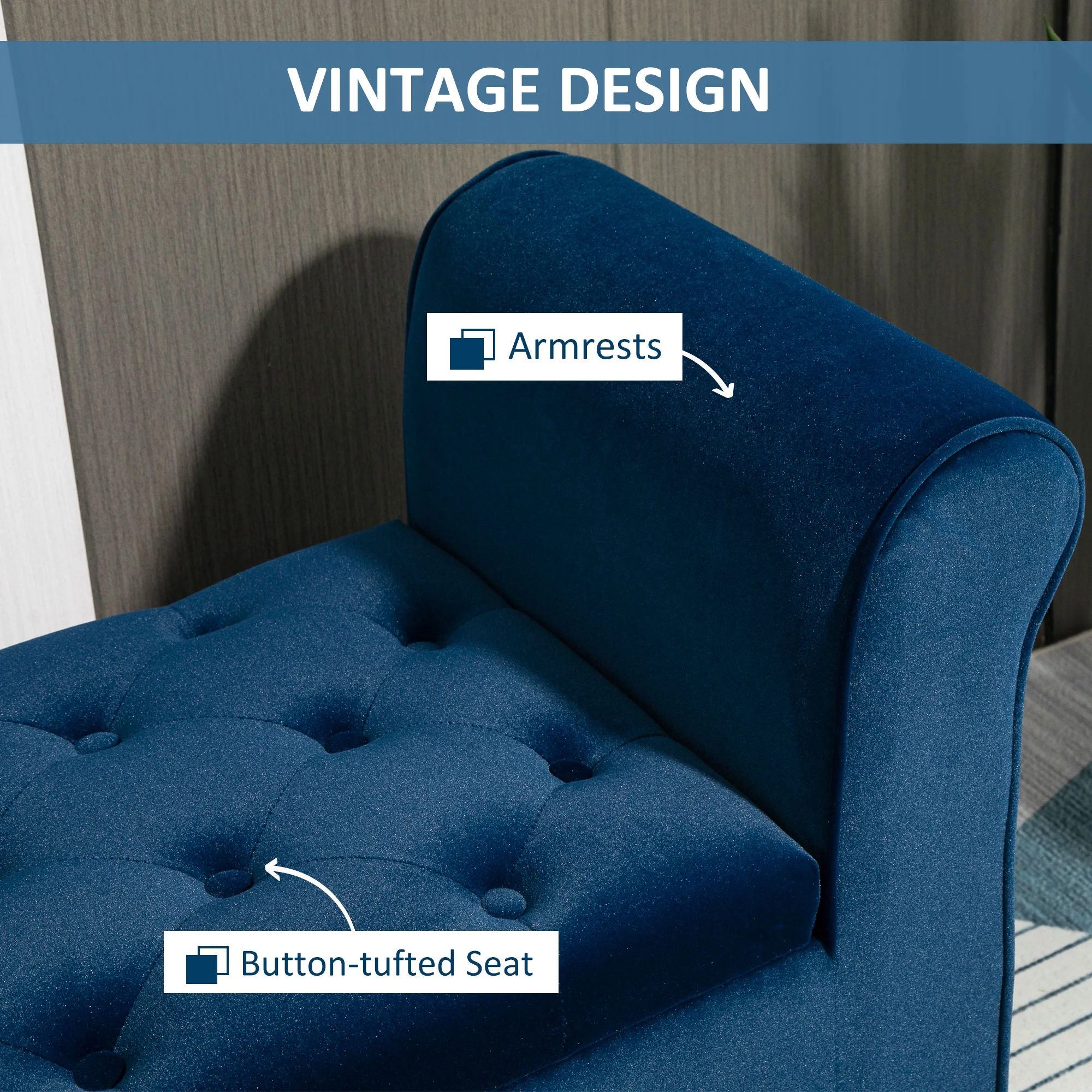 HOMCOM Button-Tufted Storage Ottoman Bench, Upholstered Bench with Rolled Armrests for Living Room or Hallway, Blue(Blue)