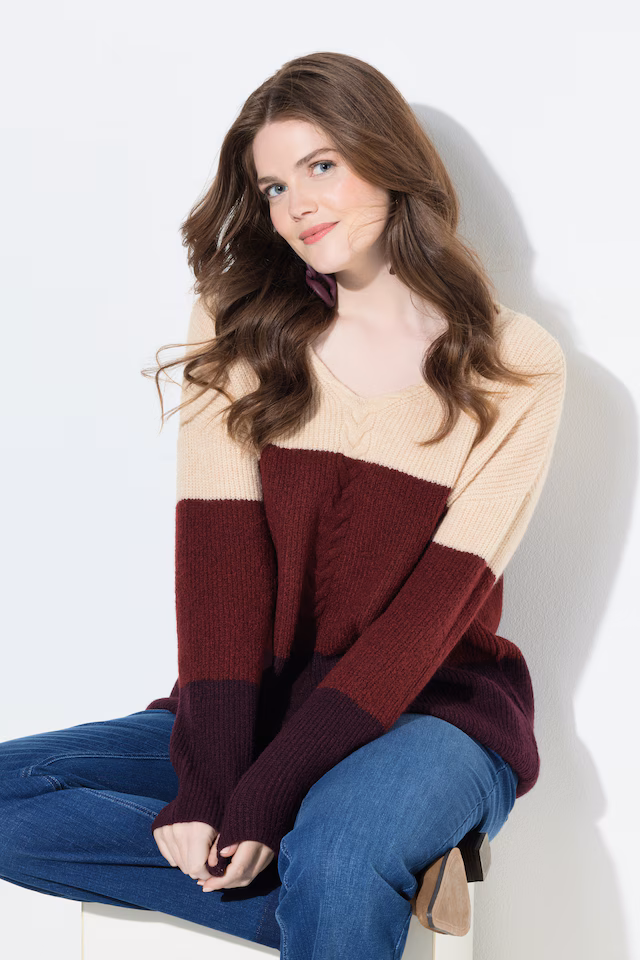Cable Knit Block Stripe V-Neck Sweater