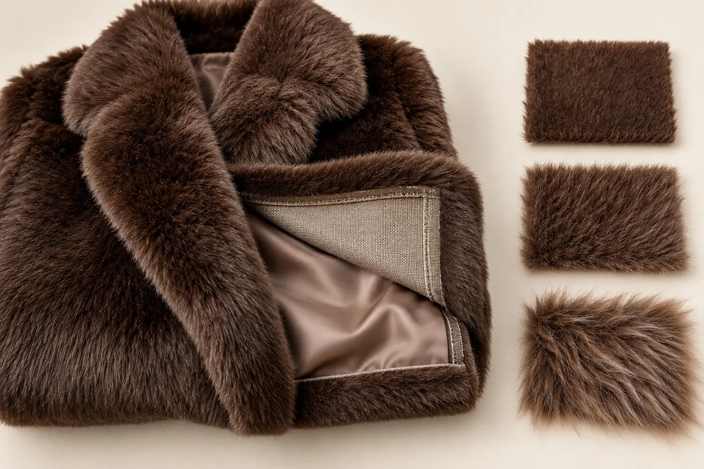 Close-up of faux fur coat pile, textile backing, satin lining and different pile lengths