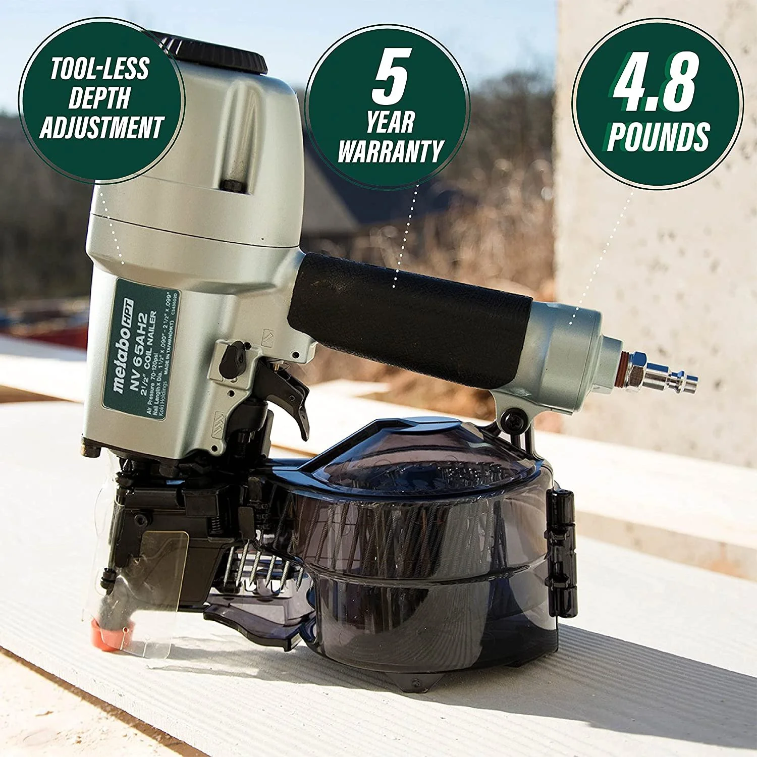 Coil Siding Nailer, 1-1/2 inch to 2-1/2 inch Siding Nails, Side load, Tilt Bottom Magazine NV65AH2 - Image 2