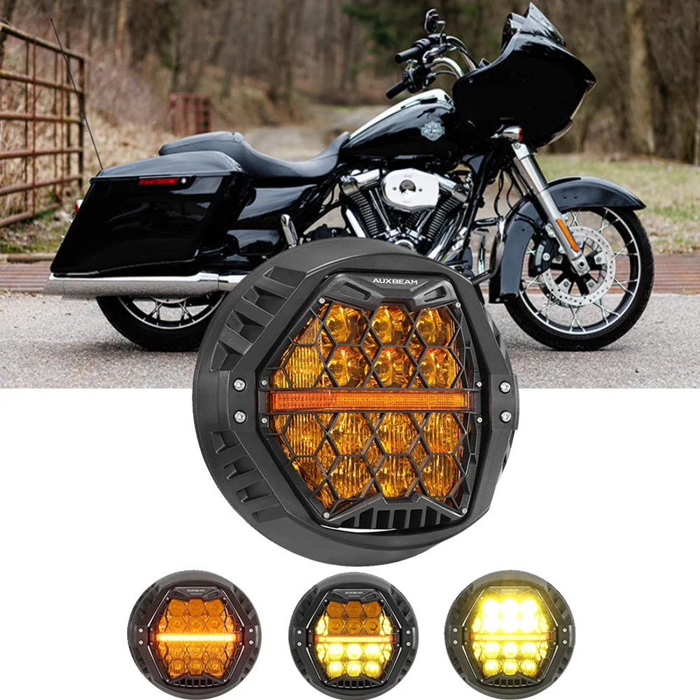 7 Inch 120W DOT Motorcycle LED Headlight Assembly with Amber DRL & Honeycomb Design (Hi/Lo Beam) for 2004-2006 Road King Custom EFI FLHRSI