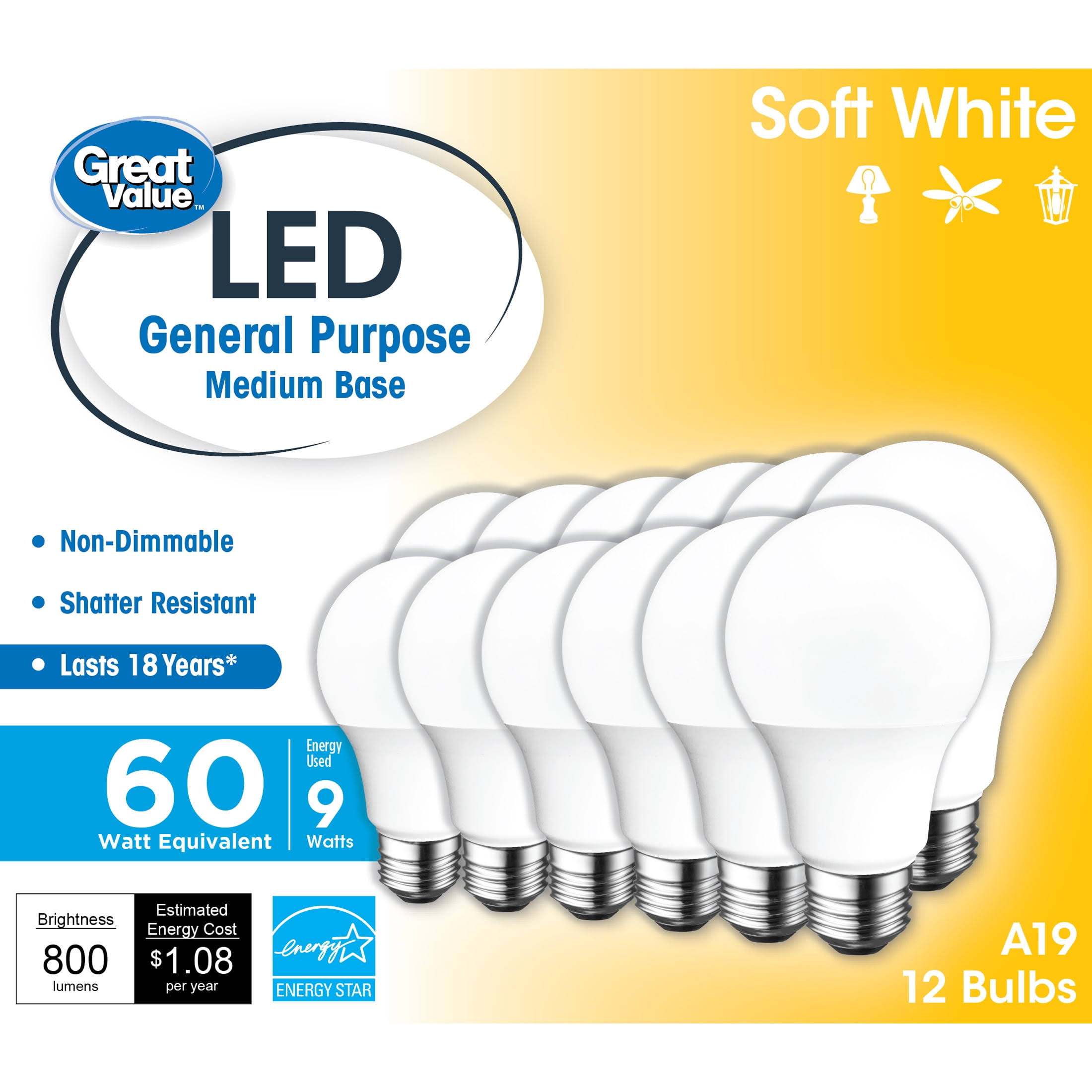 Great Value LED Light Bulb, 9W (60W Equivalent) A19 General Purpose Lamp E26 Medium Base, Non-Dimmable, Soft White, 12-Pack, Size: 12 Bulbs