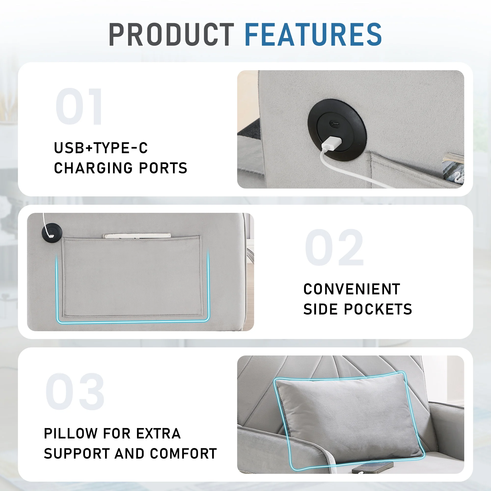 3-in-1 Convertible Sleeper Chair Bed, Indoor Lounge Chair with USB/Type-C Charging Ports, Modern Recliner Sofa for Living Room, Gray Velvet(Gray) - Image 10