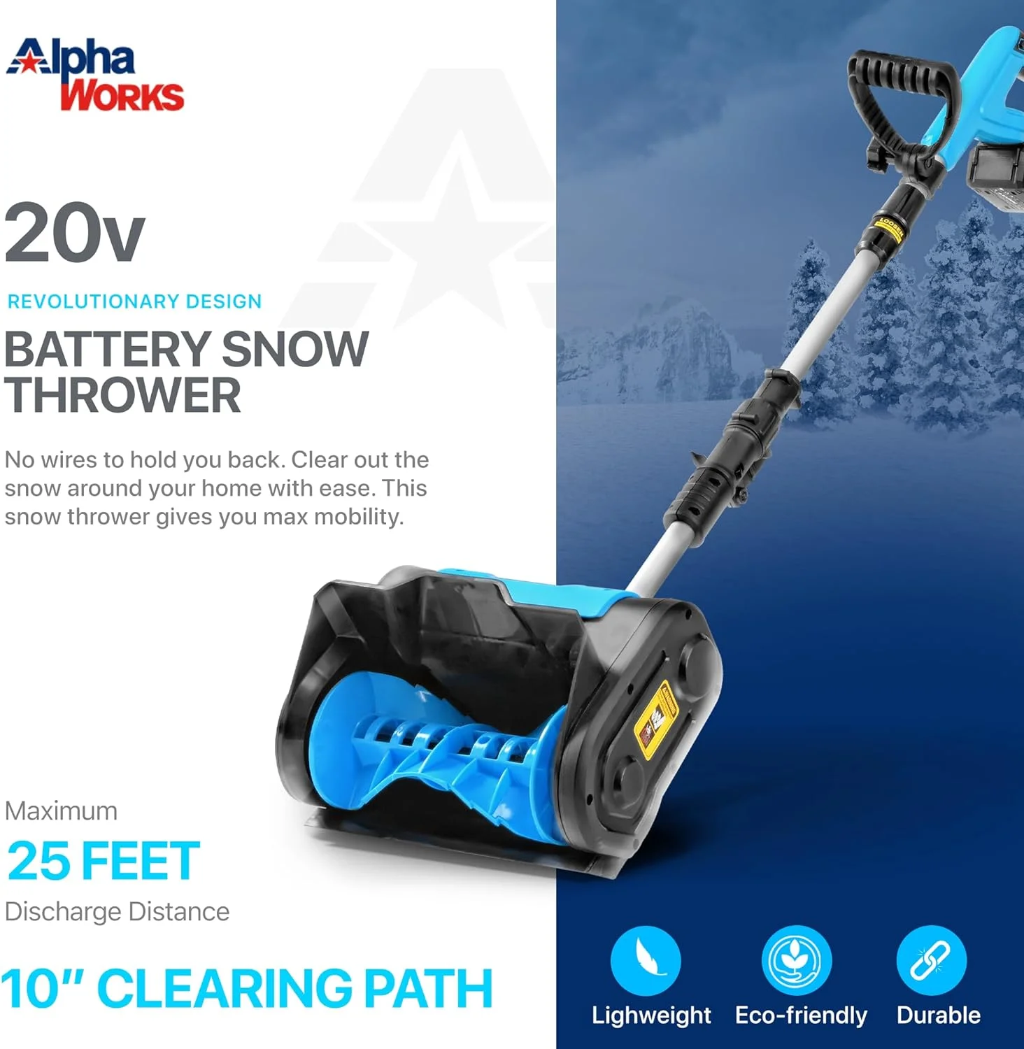 Alphaworks Portable Electric Snow Thrower & Shovel - 20V 2ah Cordless Battery System