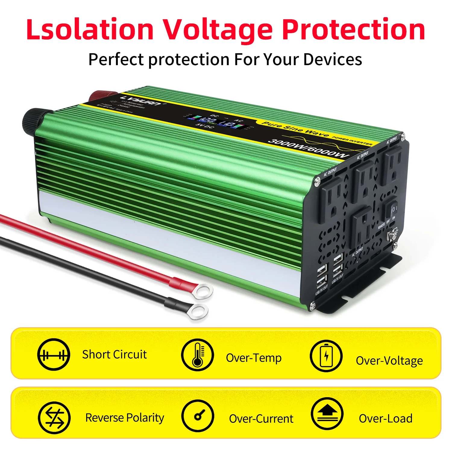 LVYUAN 3000watts Pure Sine Wave Power Inverter DC 12V to AC 110V 120V Converter 4USB 4AC LCD Display with Remote Control