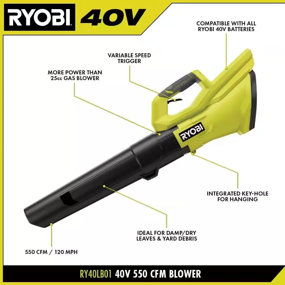 40-Volt Lithium-Ion Cordless Variable-Speed 120 MPH 550 CFM Leaf Blower (Tool-Only); Battery and Charger Not Included, Green, RY40LB01B - Image 4