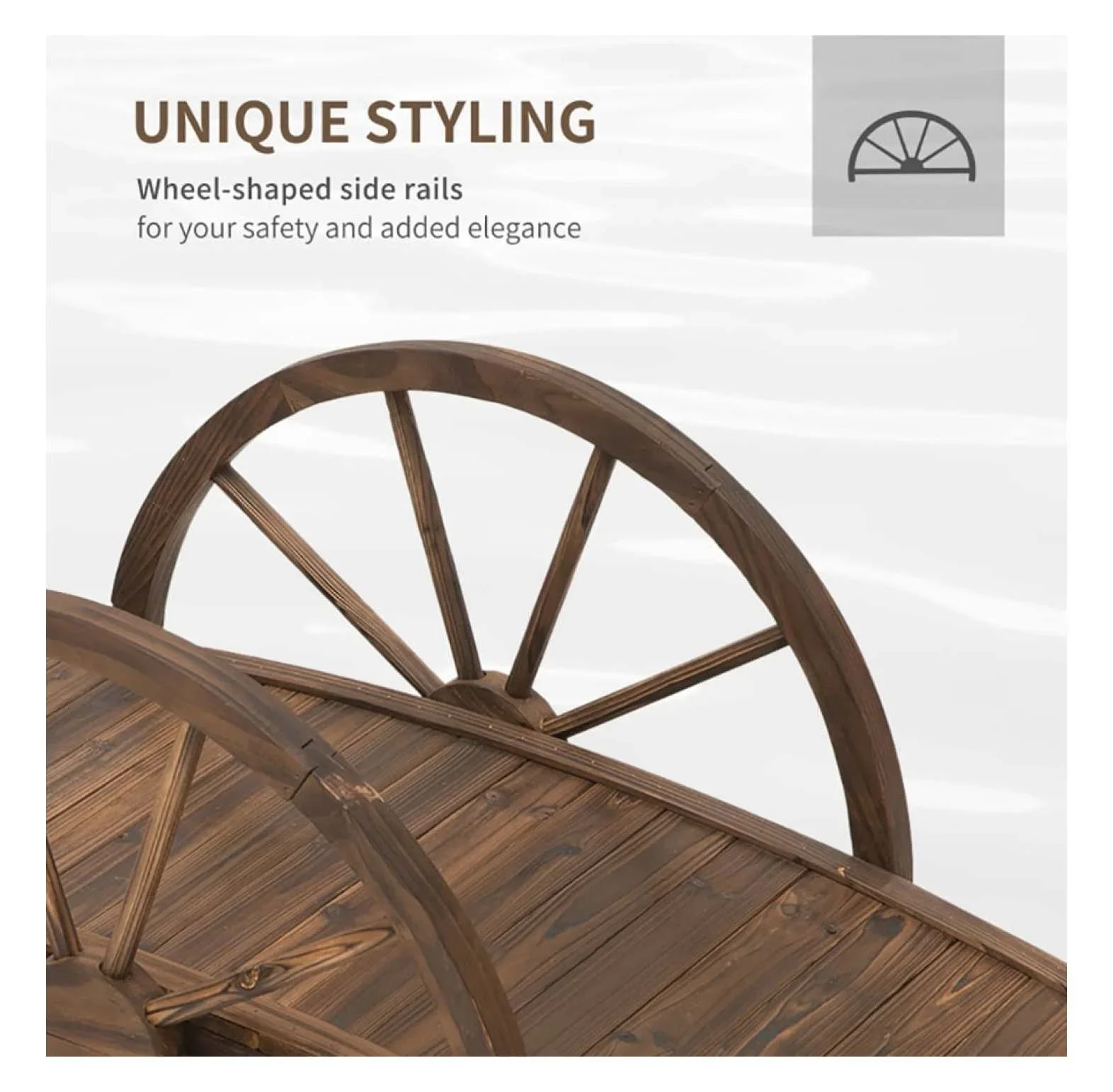 3.3ft Wooden Garden Bridge Arc Footbridge with Half-Wheel Style Railings & Solid Fir Construction, Stained Wood