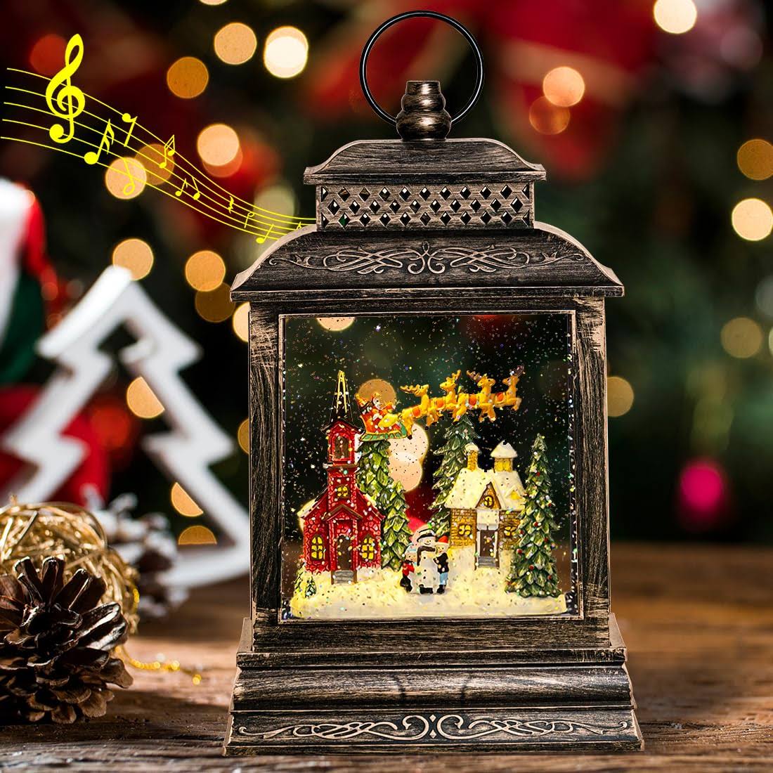 GOOSH Christmas Snow Globe Lantern Water Glittering Reindeer Sleigh with Music, USB Lined/Battery Operated Lighted Lantern for Christmas Festival