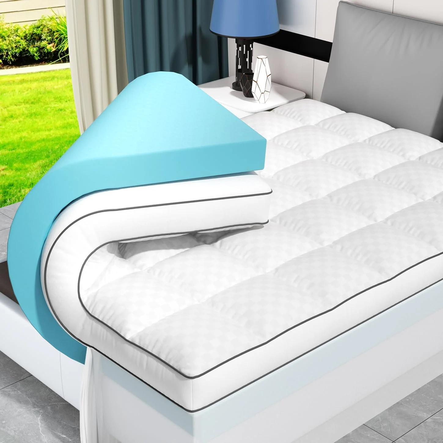 Surmatelas Queen Size double couche de 10 cm en mousse à mémoire de forme pour soulager les points de pression, avec une couche supérieure respirante de 5 cm et un surmatelas de 5 cm en mousse à mémoire de forme infusée de gel rafraîchissant, un sac