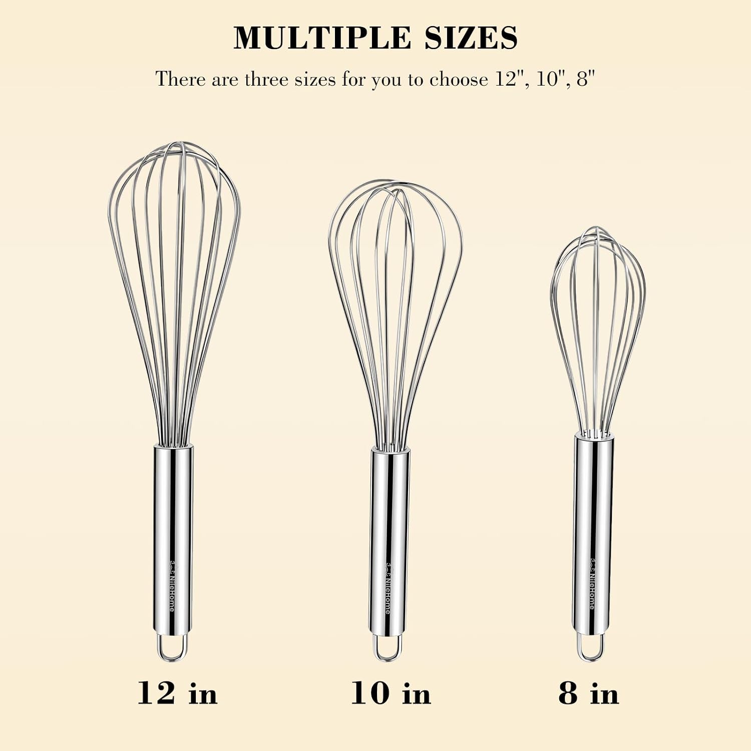 NileHome 3-Pack Stainless Steel Whisk Set, Kitchen Utensils for Cooking