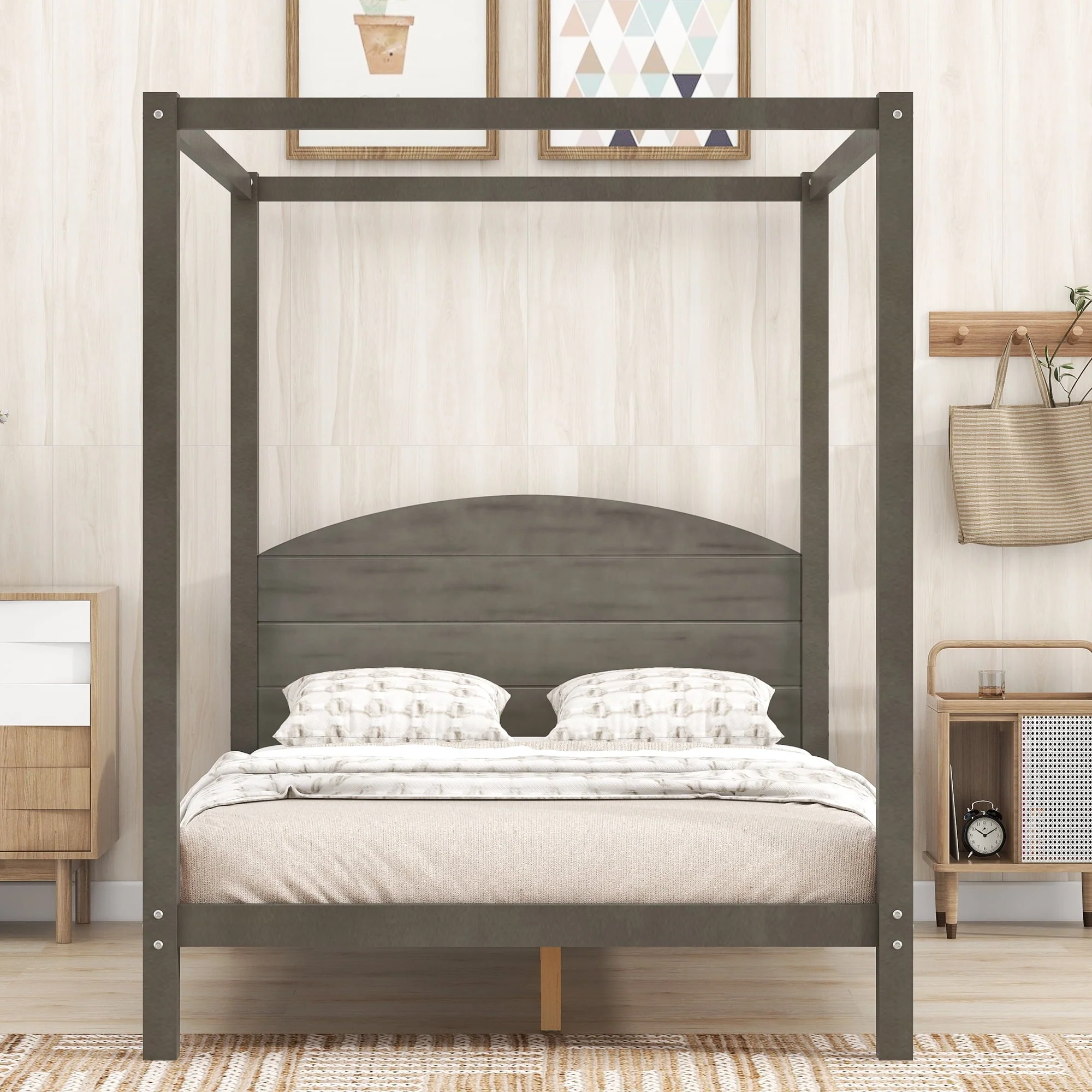 EUROCO Wood Full Size Canopy Bed, Solid Wood Platform Bed with Headboard for Kids Bedroom, Brown