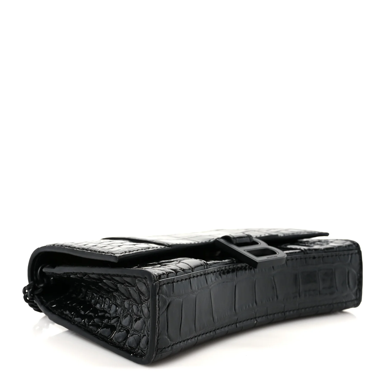 Shiny Calfskin Monochrome Crocodile Embossed Hourglass Chain Bag Black