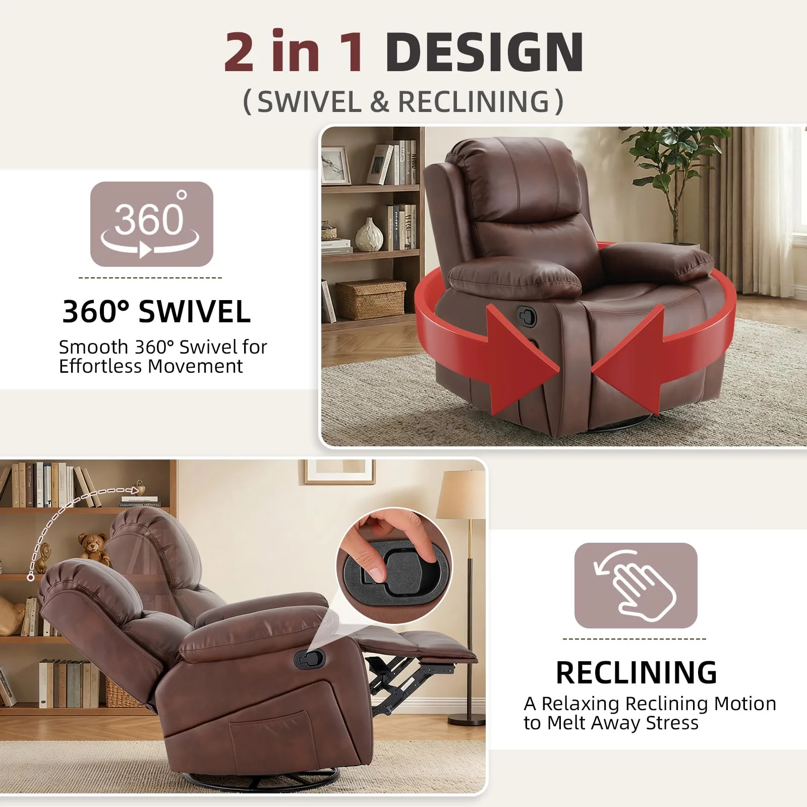 AECOJOY 360° Swivel Recliner Chair with Massage and Heat, Manual Reclining Leather Recliner Chair, Brown