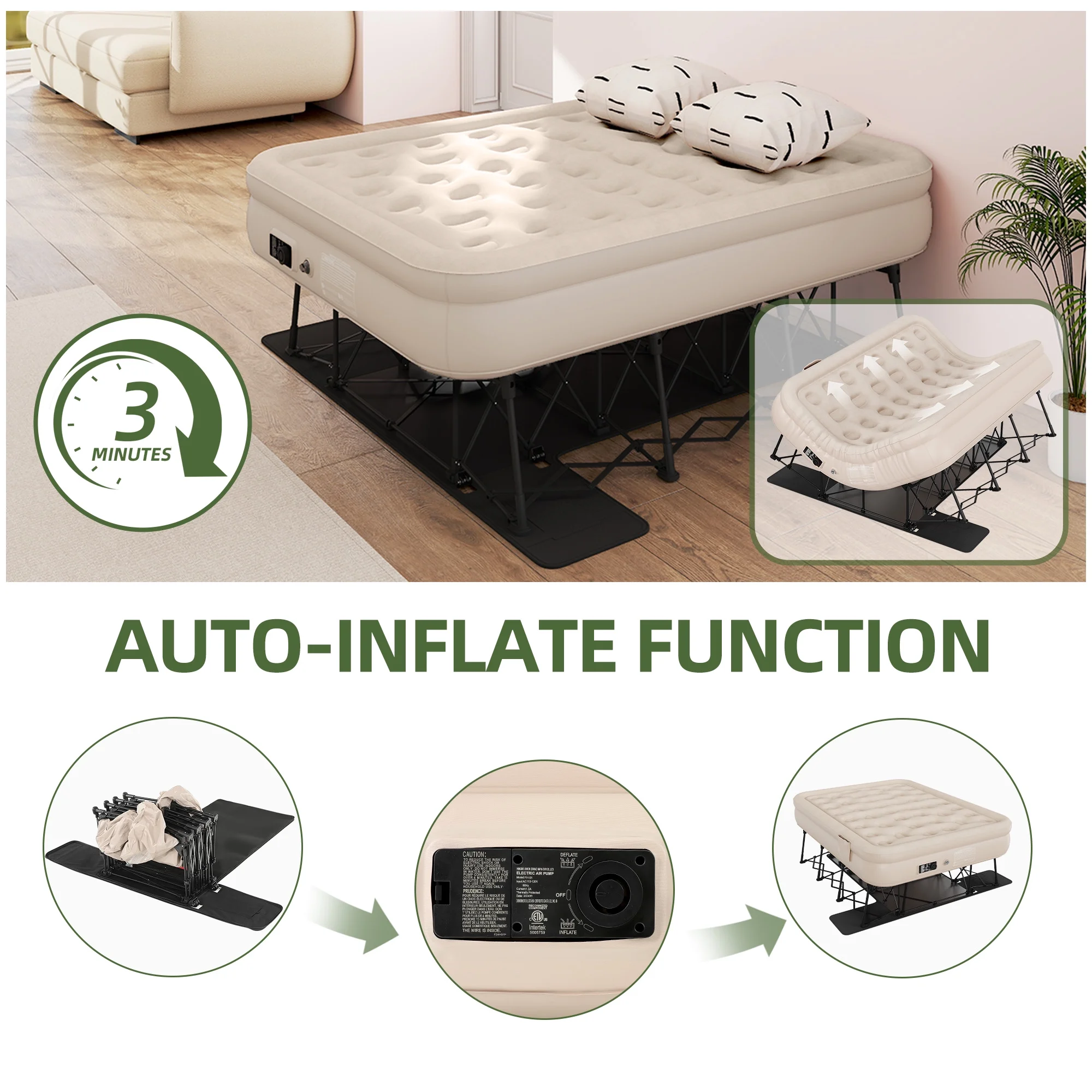 Inflatable Queen Air Mattress with Built-in Pump, Frame, Velvet Surface Portable Storage Case, Khaki(Queen/Khaki) - Image 4