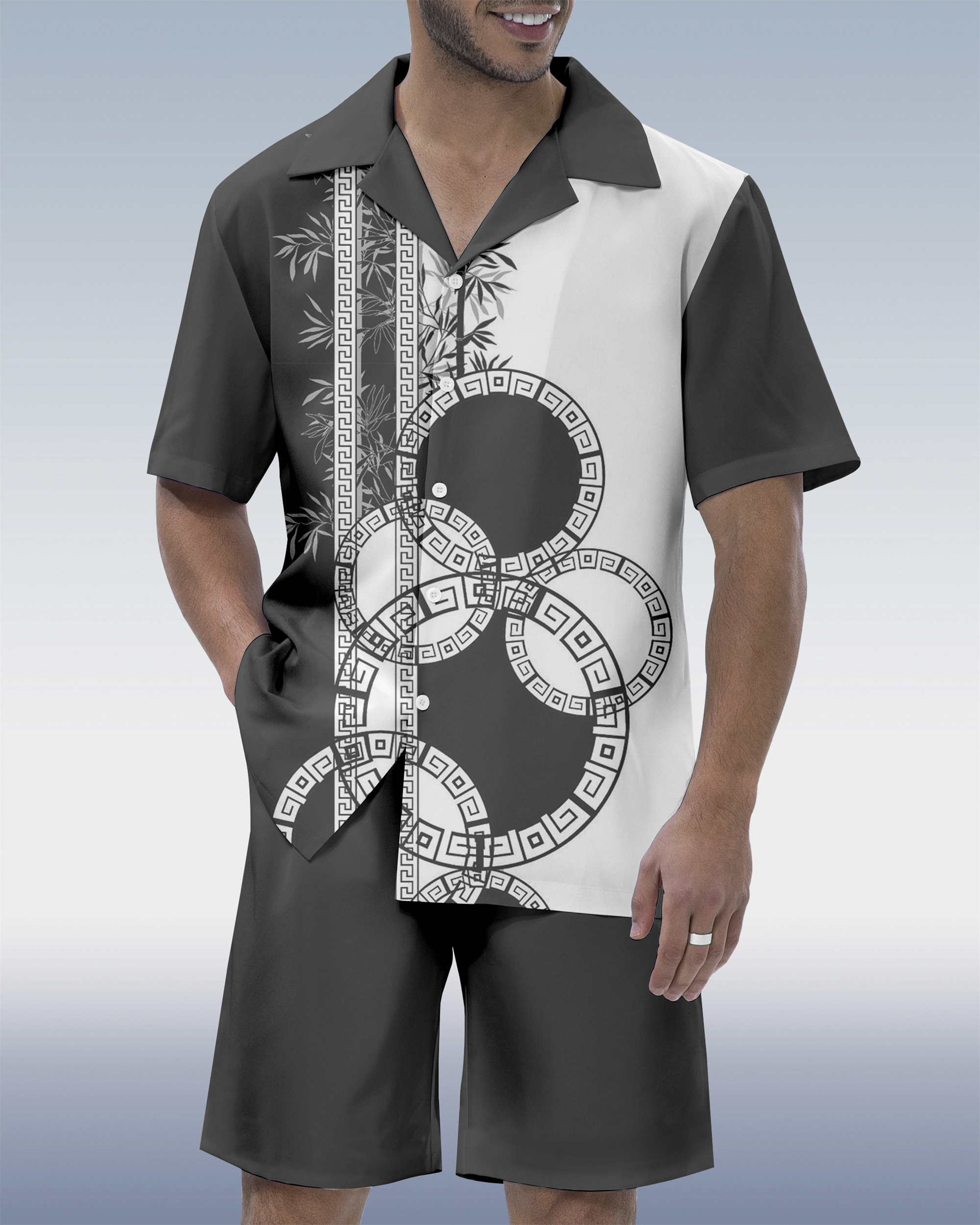 Ensemble chemise homme à manches courtes, col cubain, motif géométrique hawaïen colorblock 06