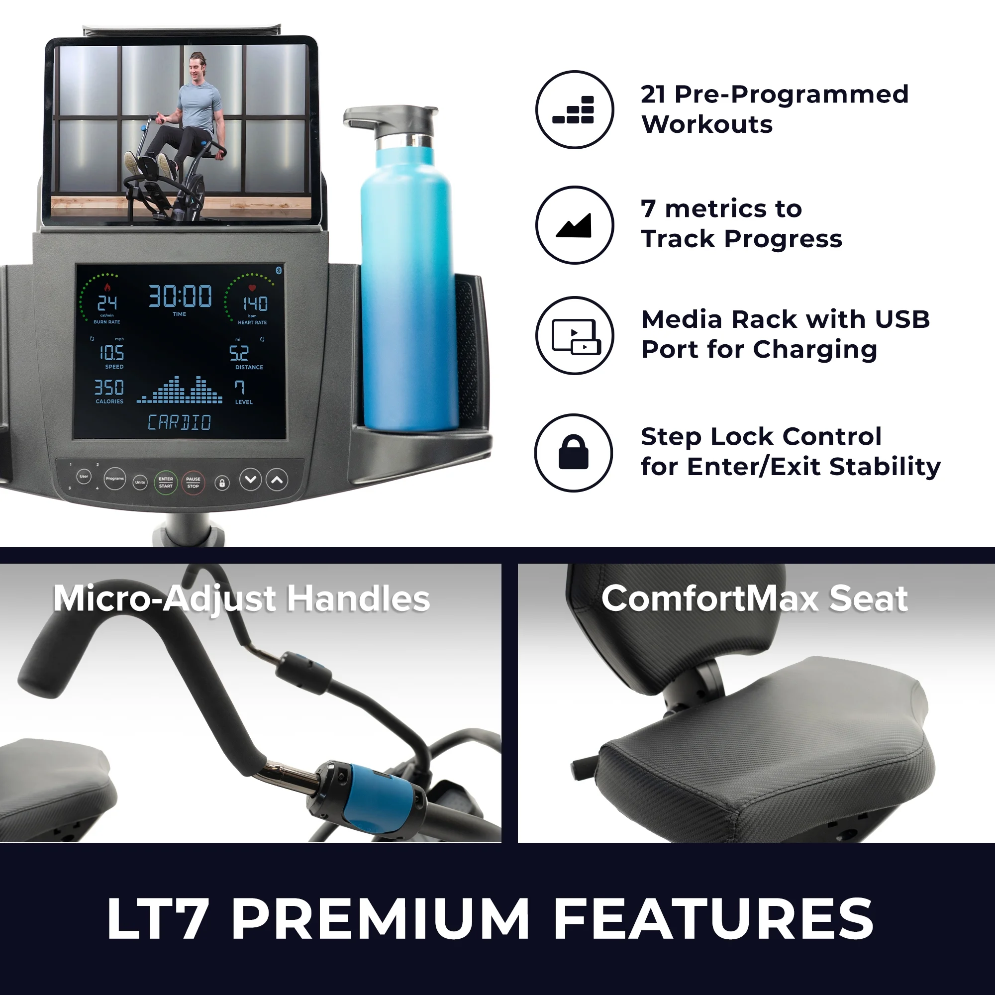 FreeStep LT7 Recumbent Cross Trainer Stepper Zero-Impact Exercise w/Patented Physical Therapy Stride Technology; LCD Console w/21 Programs, Bluetooth HRM Compatible; Free App w/Trainer-Led Workouts - Image 6