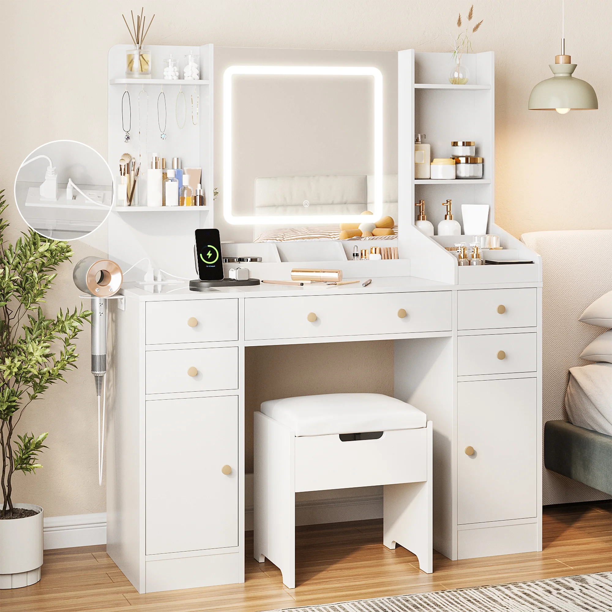 Vanity Set with Mirror and Lights, Makeup Table with Charging Station,5 Drawers Storage Shelves, White(white) - Image 2