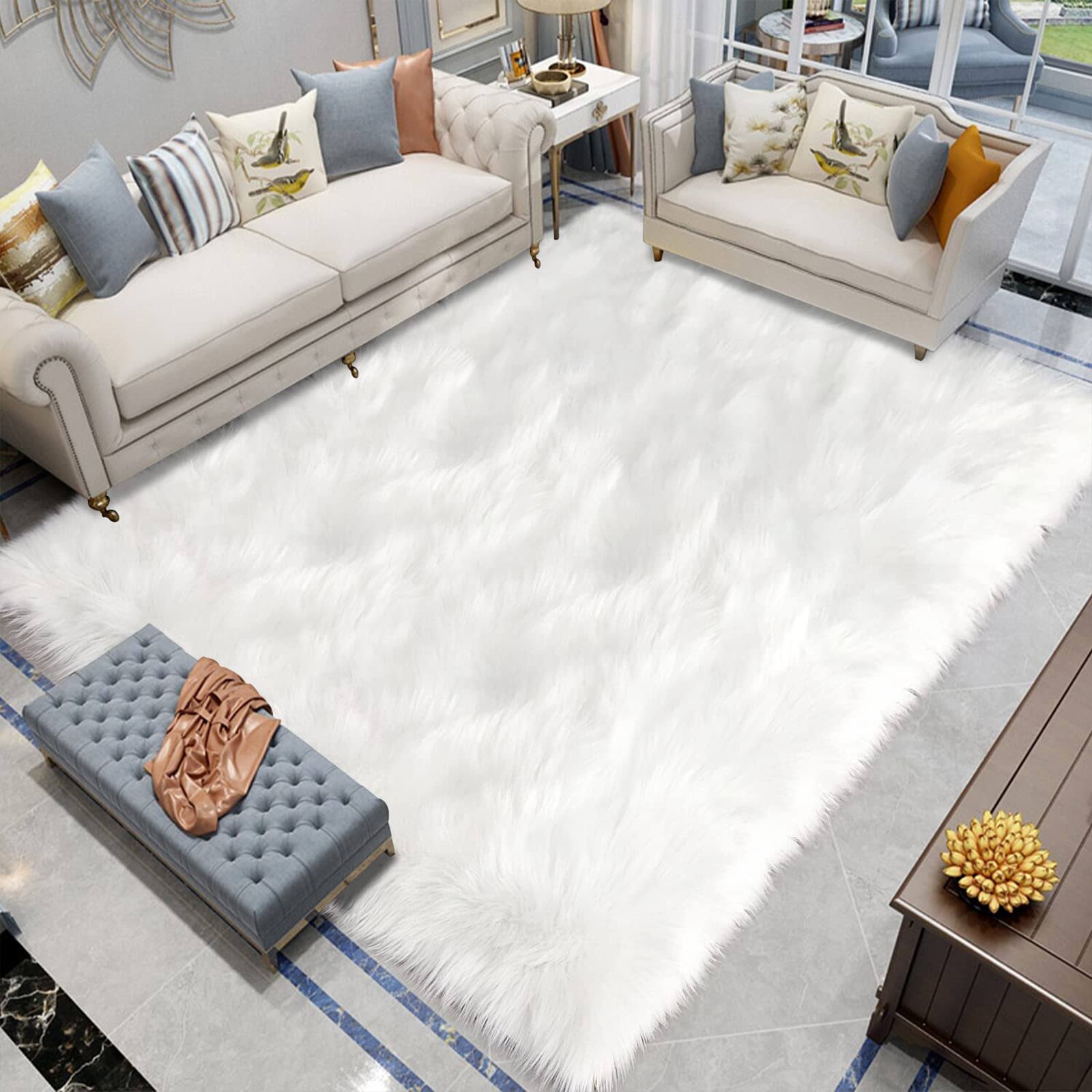 Latepis White Faux Fur Rug 8x10, Faux Fur Sheepskin Rug for Living Room, Fluffy Washable Rug for Bedroom, Luxury Room Decor, Fuzzy Rug, Rectangle