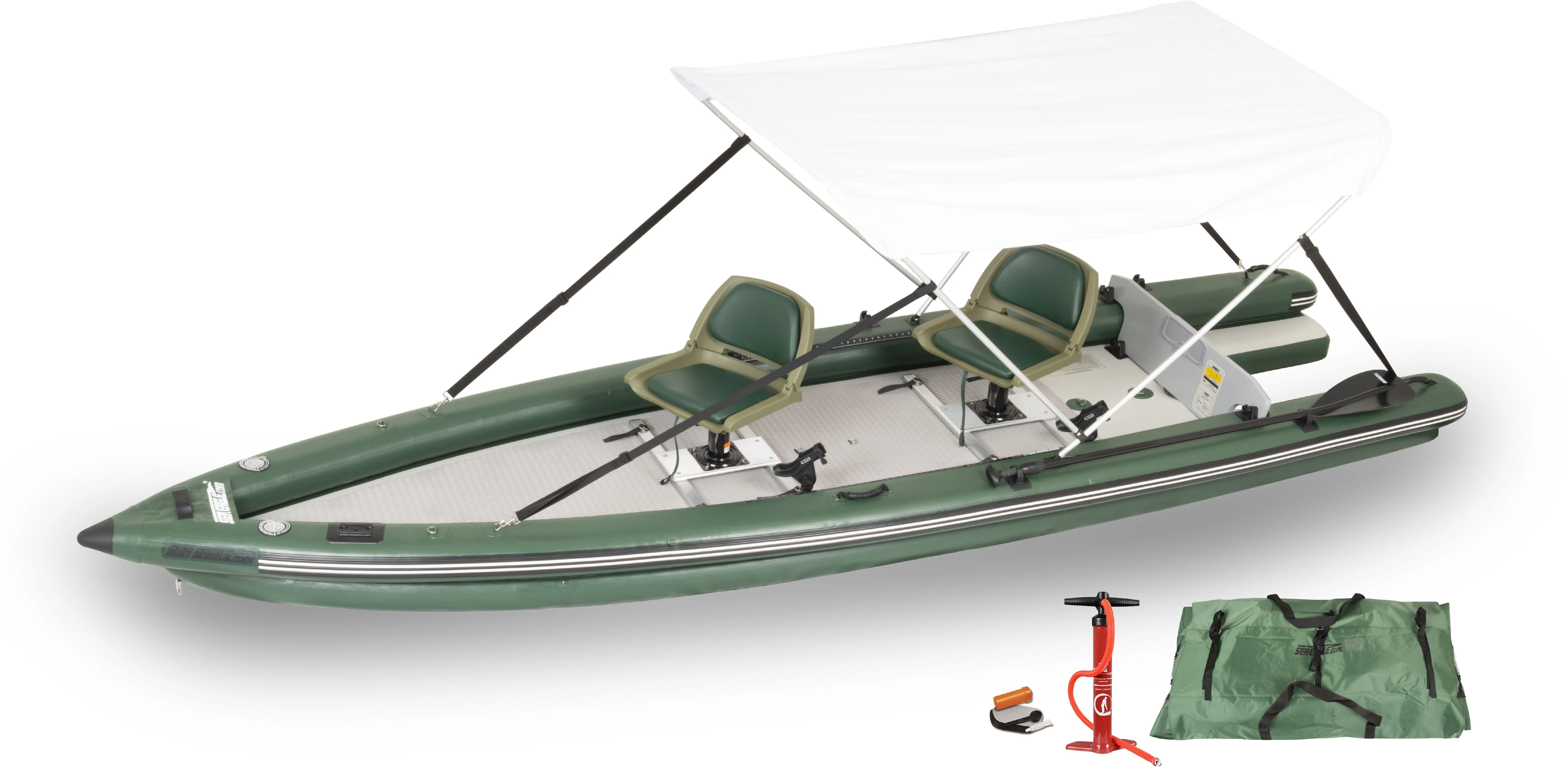 Sea Eagle FSK16 Inflatable Fishskiff 16 Frameless Fishing Boat - 2 Person Swivel Seat Canopy Package