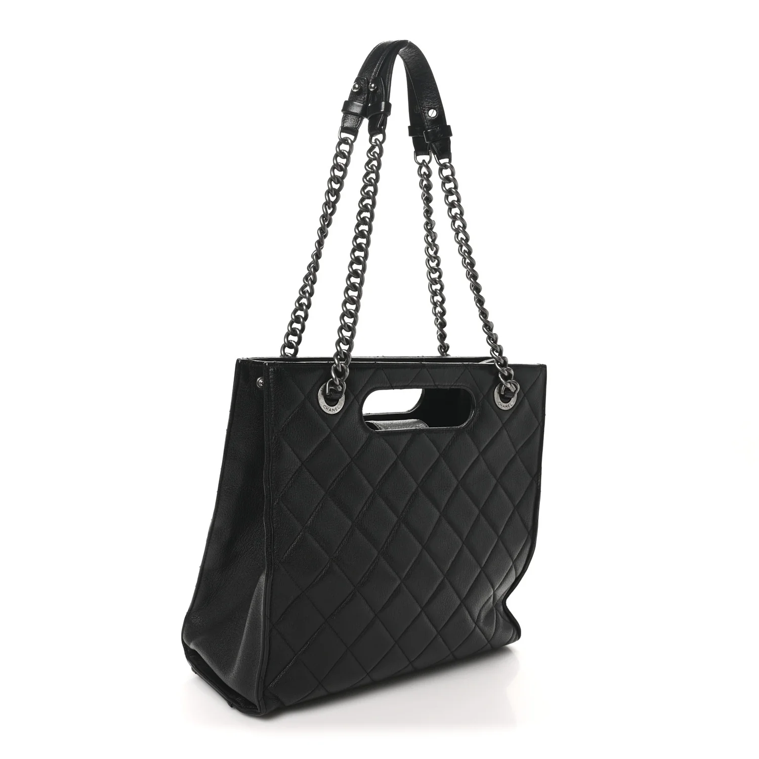 Goatskin Quilted Small Perfect Edge Shopping Tote Black