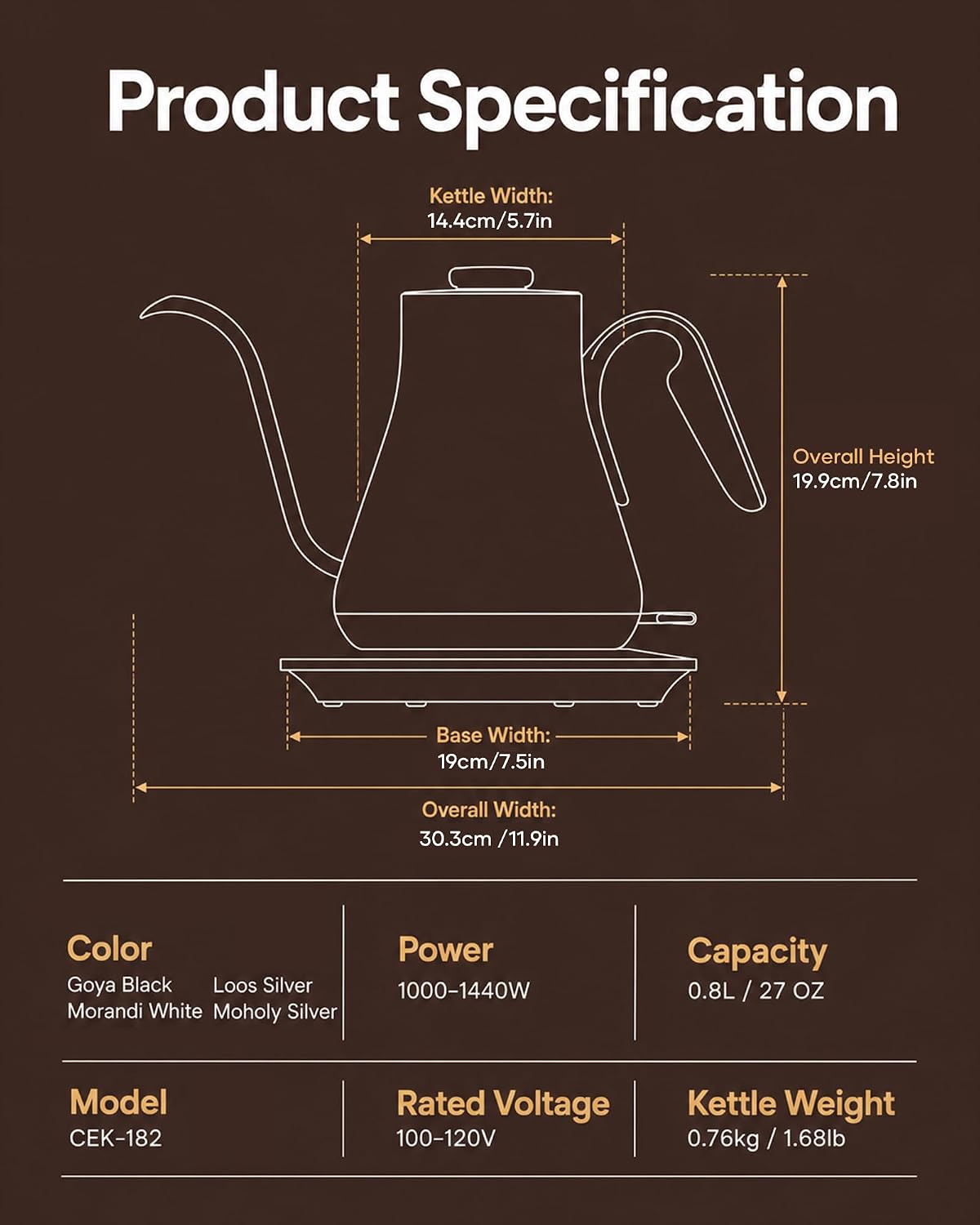 Cocinare Gooseneck Electric Kettle 0.8L, Fast Boil Pour Over Coffee, Tea
