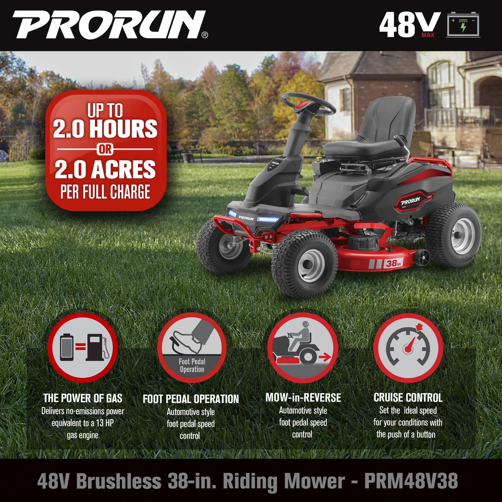 48V 38-in. Steel Deck Brushless Riding Lawn Mower with 75 Ah Battery and Charger - Image 6