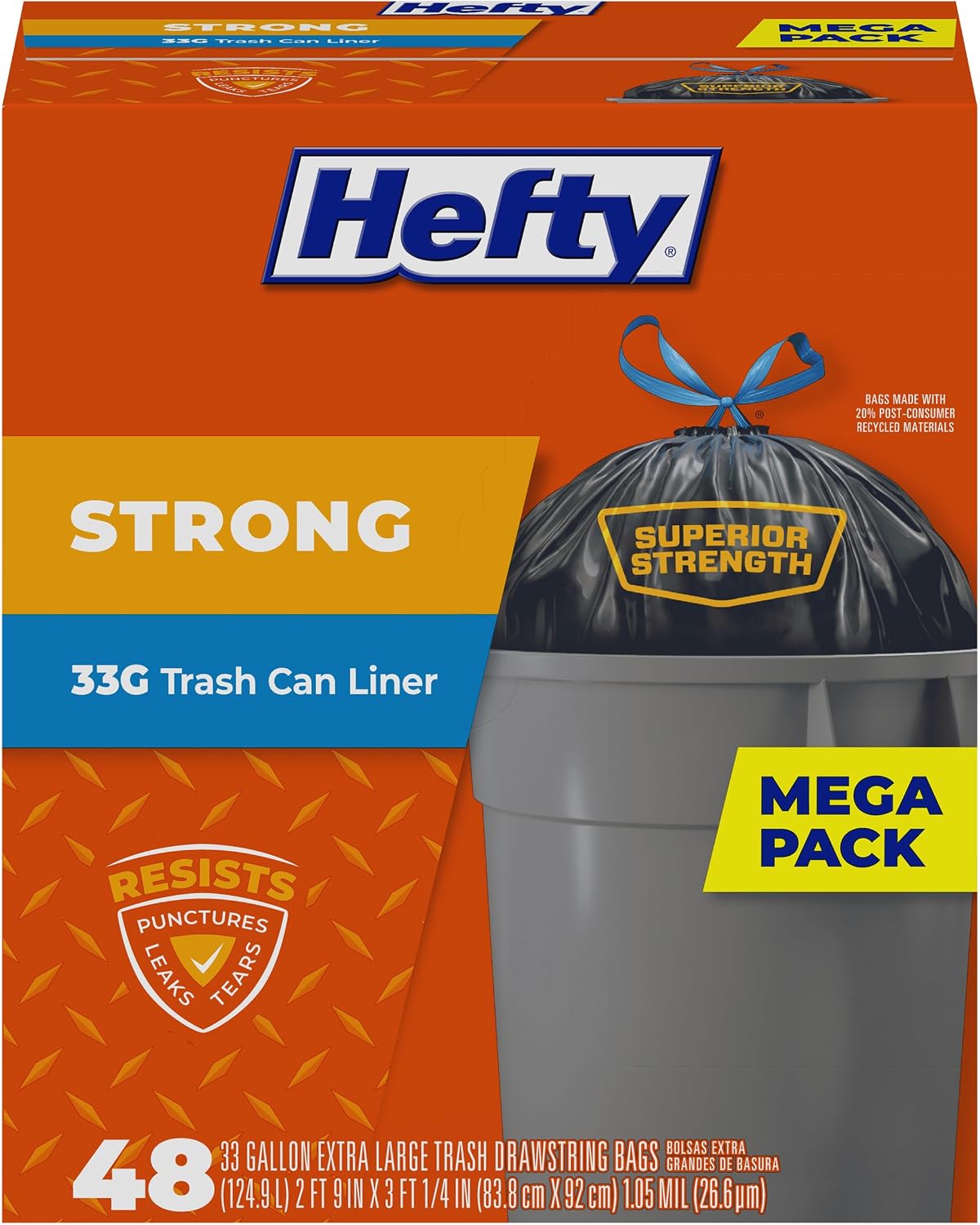 Hefty Strong 33 Gallon Trash Bags with Drawstrings, Black, Unscented, 48ct| 33G Large Trash Bag Liners, Resists Leaks, Punctures, Tears, Superior Strength, Heavy Yard Work, Large Scale Cleanups