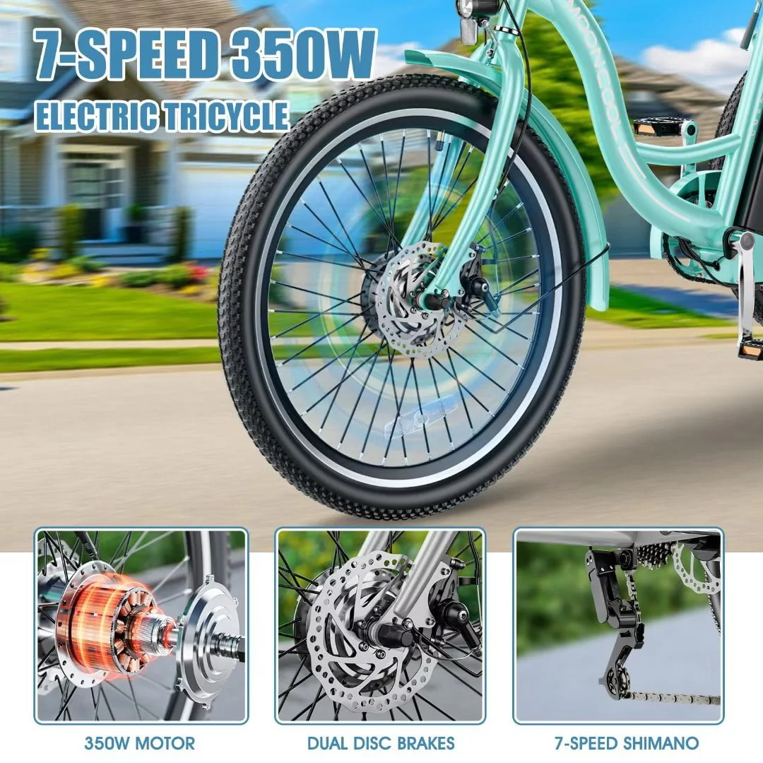 24" Electric Tricycle for Adults Seniors,7 Speed 3 Wheel E-Bike with Large Basket/Low-Step Through Frame,350W Motor 36V/10.4AH lithium bettery, 15.5MPH - Image 5