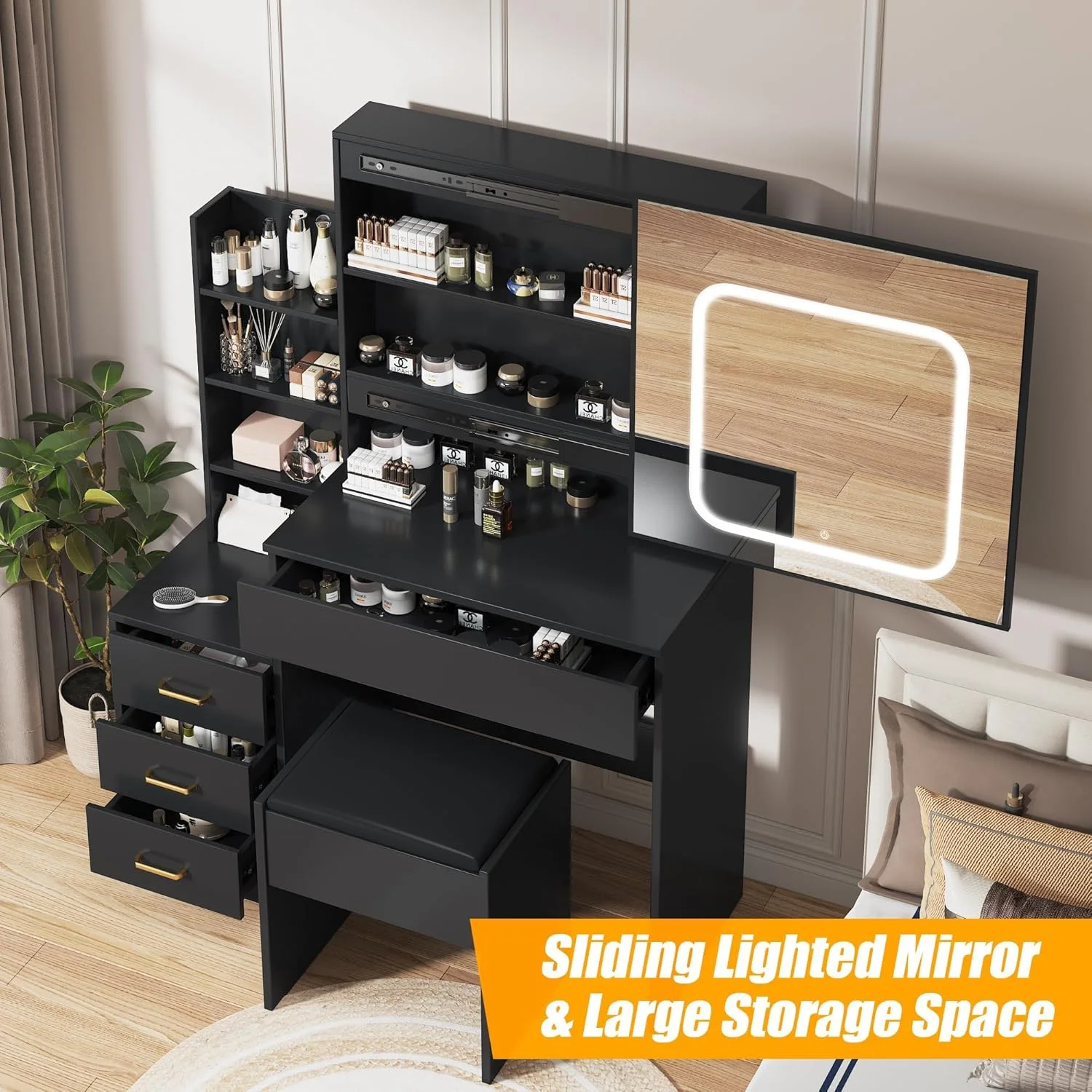 Vanity Desk with Sliding Mirror and Lights, Makeup Vanity Set with Power Outlet, 4 Drawers, Stool, Open Shelves, 3 Color Lighting Modes, Brightness Adjustable, Makeup Dressing Table for Bedroom(black) - Image 10
