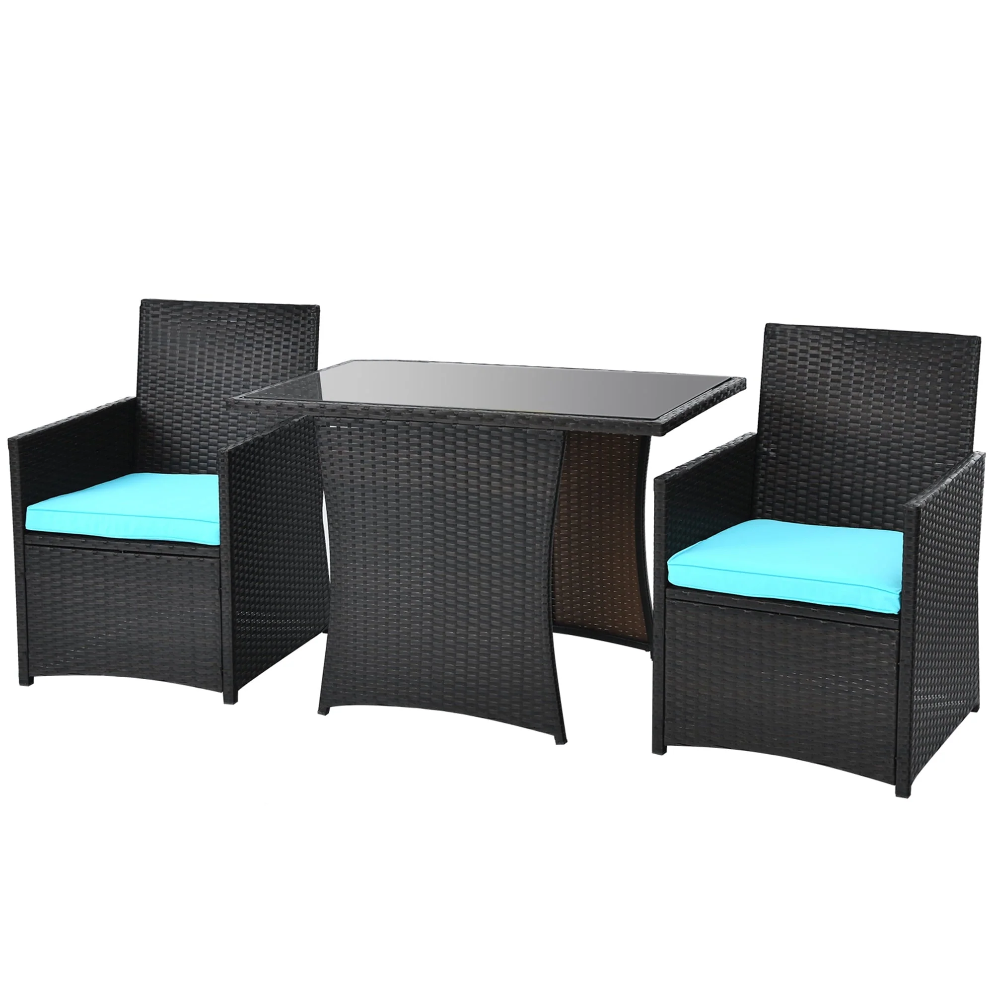 Gymax 3PCS Patio Wicker Bistro Set PE Rattan Dining Table Set W/ Turquoise Cushions
