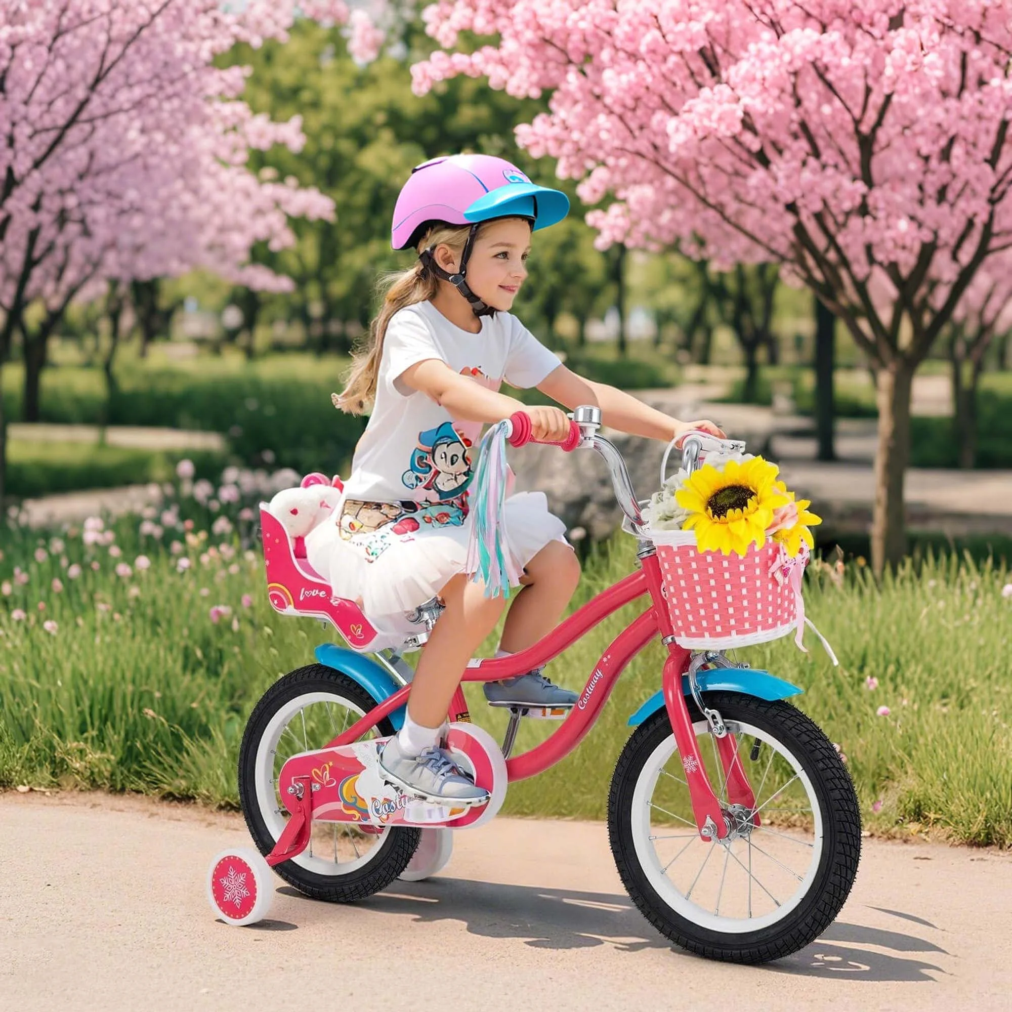 Costway 14 in Kids Bike with Basket Doll Seat & Colorful Streamers 2 Training Wheels Pink