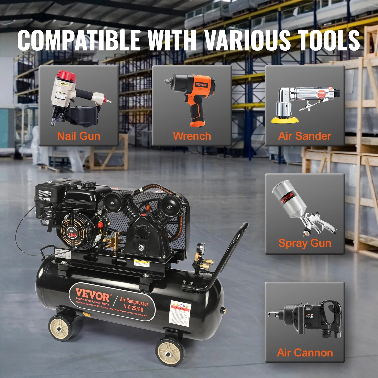 7HP Gas Powered Air Compressor, 21 Gallon Horizontal Air Compressor Tank, 9CFM@115PSI Gas Driven Piston Pump Air Compressed System with 115PSI Max Pressure for Construction Sites Workshop Image 6