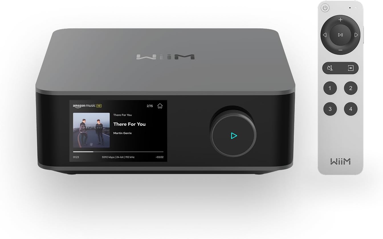 WiiM Amp Ultra with Voice Remote 2 | 100W Streaming Amplifier with Premium ESS ES9039Q2M DAC & Dual TI TPA3255 Amps | Built-in RoomFit EQ & Touchscreen | HDMI ARC  Optical  RCA Inputs | Space Gray