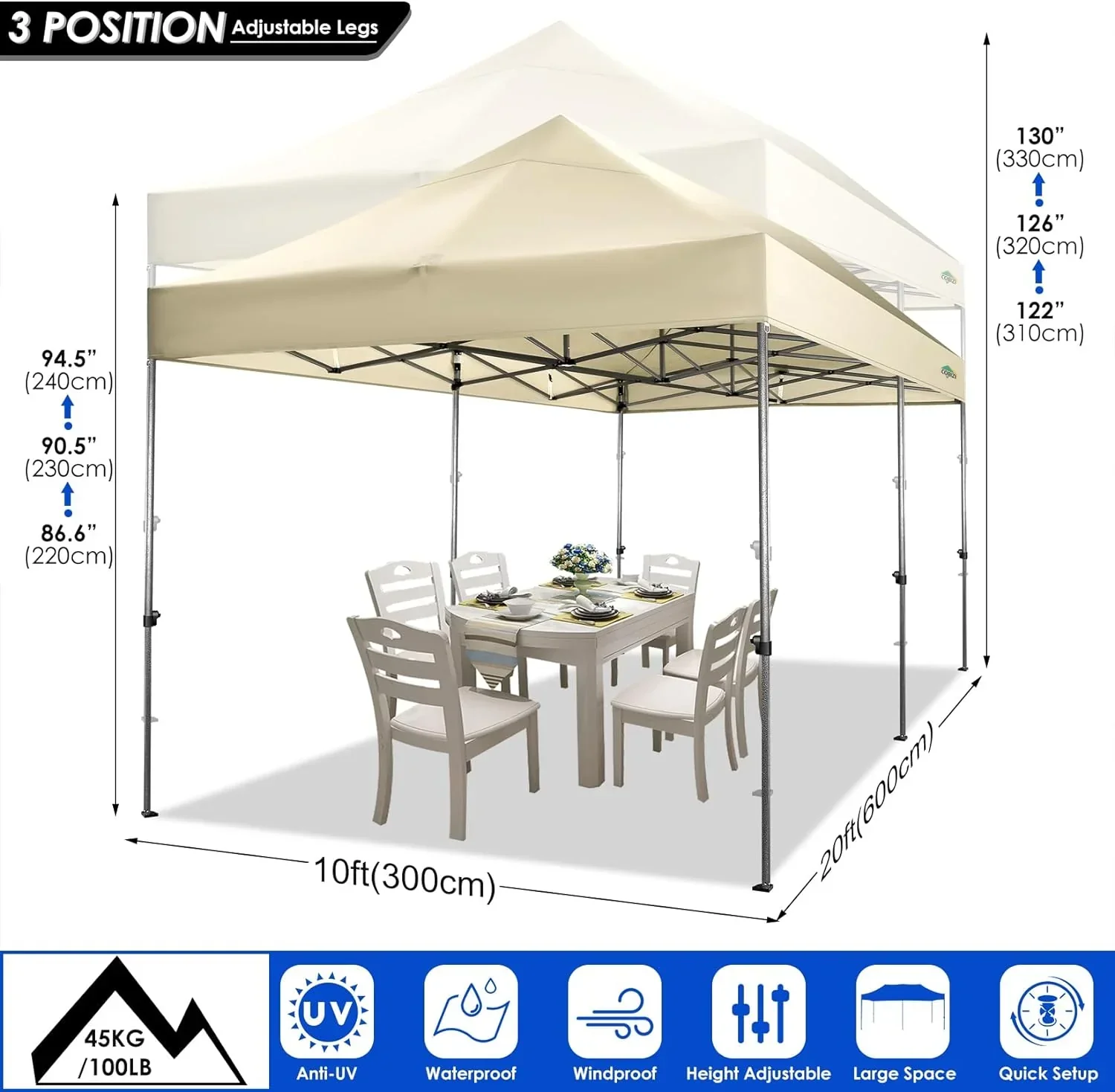 Tente pliante robuste COBIZI 10x20, 6 parois latérales, pour événements commerciaux, mariages et réceptions