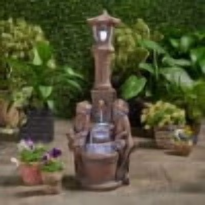 Coowa 37.25 Inch Outdoor Water Fountain with LED Lights, Faux Stone Two Tier Frog and Lamppost Design, Rustic Multi Brown, Weather Resistant for Garden and Patio